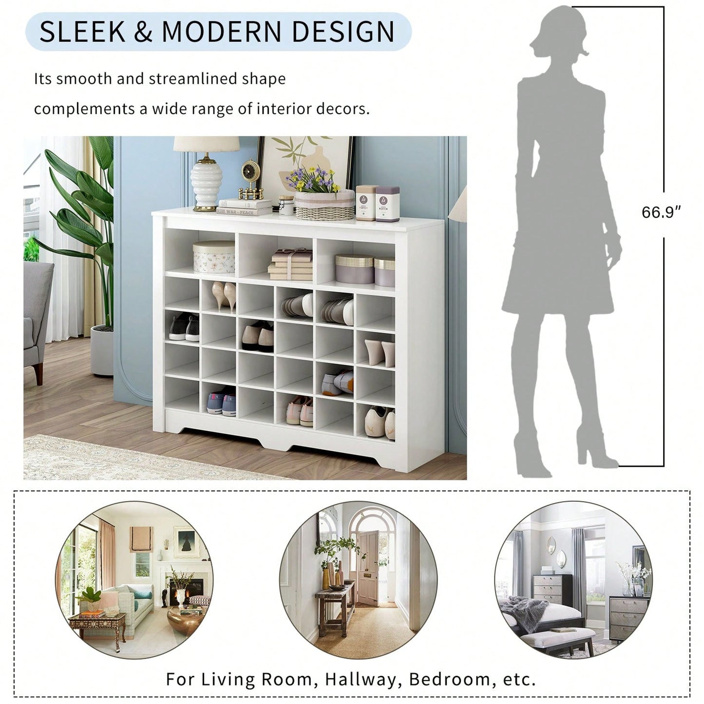 24 Shoe Cubby Console, Modern Shoe Cabinet With Curved Base, Versatile Sideboard For Hallway, Bedroom, Living Room