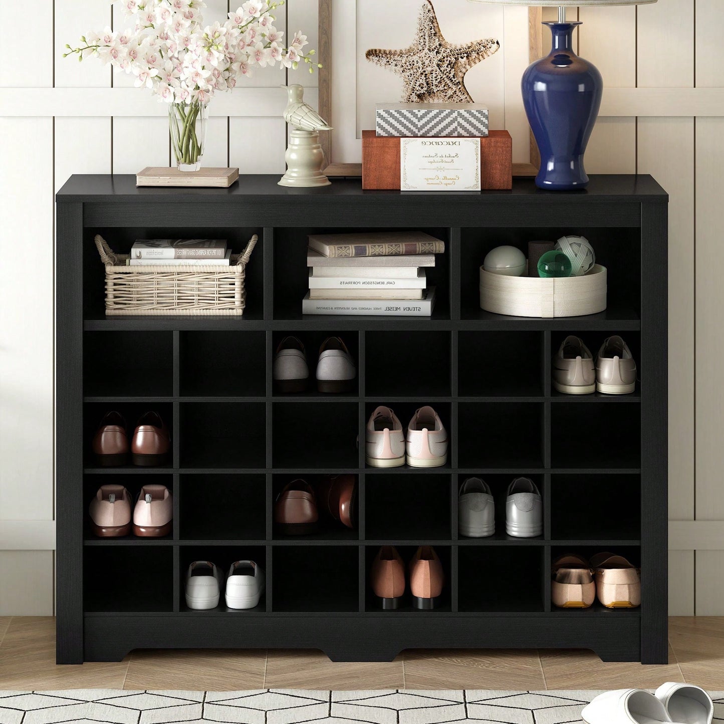 24 Shoe Cubby Console, Modern Shoe Cabinet With Curved Base, Versatile Sideboard For Hallway, Bedroom, Living Room