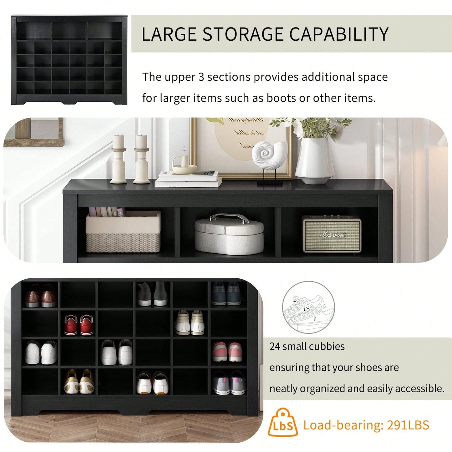 24 Shoe Cubby Console, Modern Shoe Cabinet With Curved Base, Versatile Sideboard For Hallway, Bedroom, Living Room