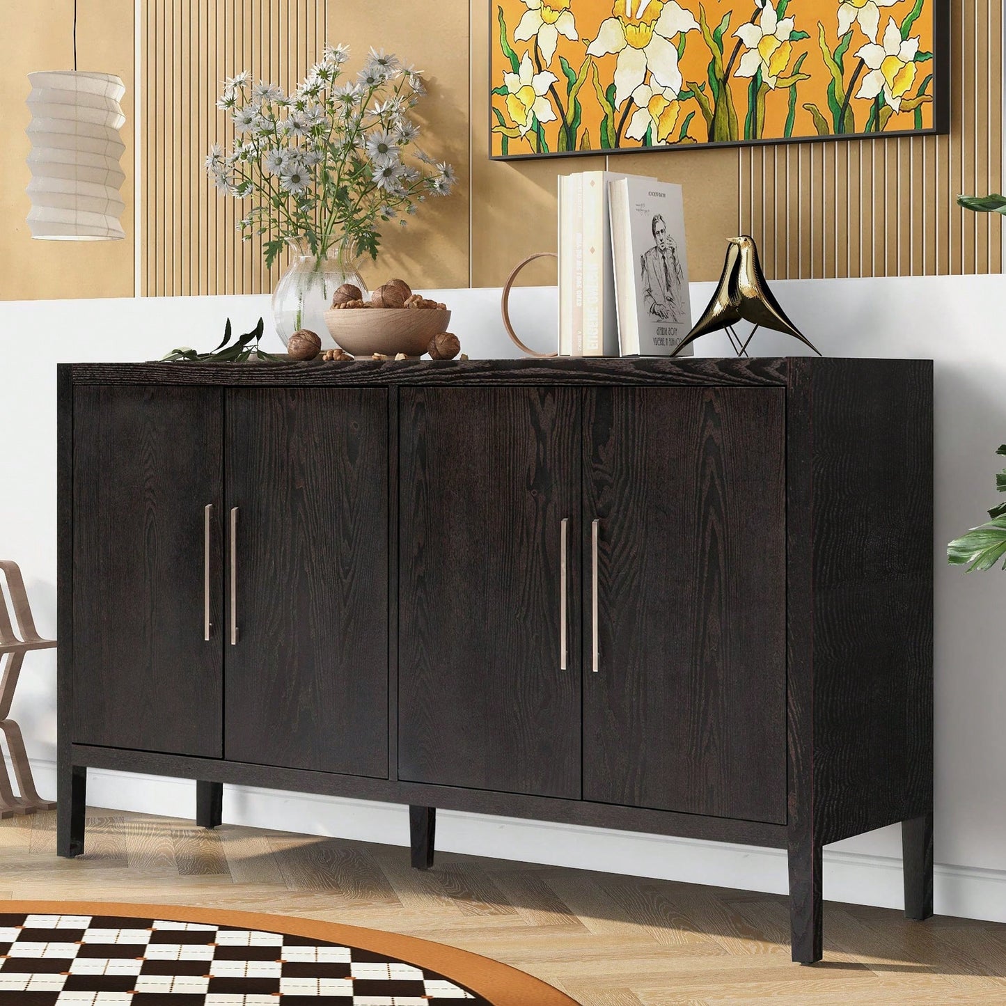 Storage Cabinet Sideboard Wooden Cabinet With 4 Metal Handles ,4 Shelves And 4 Doors For Hallway, Entryway, Living Room