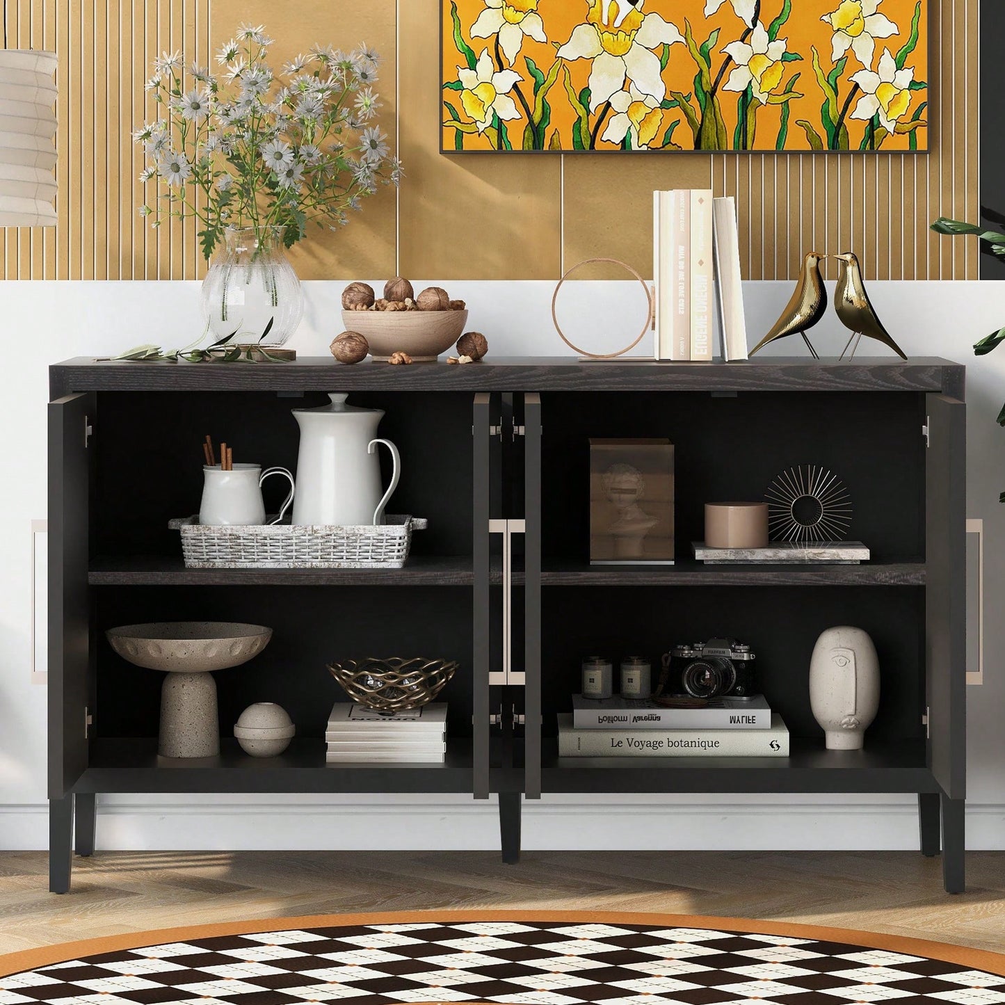 Storage Cabinet Sideboard Wooden Cabinet With 4 Metal Handles ,4 Shelves And 4 Doors For Hallway, Entryway, Living Room