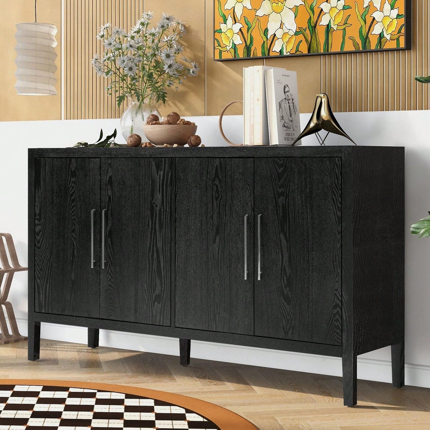 Storage Cabinet Sideboard Wooden Cabinet With 4 Metal Handles ,4 Shelves And 4 Doors For Hallway, Entryway, Living Room