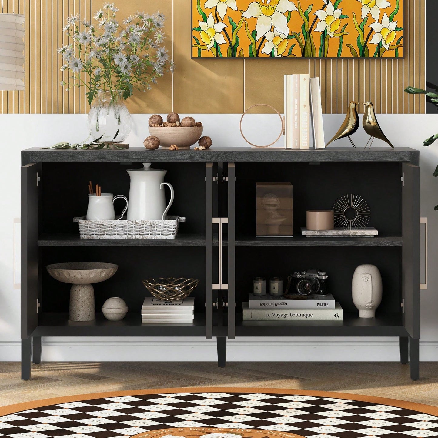 Storage Cabinet Sideboard Wooden Cabinet With 4 Metal Handles ,4 Shelves And 4 Doors For Hallway, Entryway, Living Room