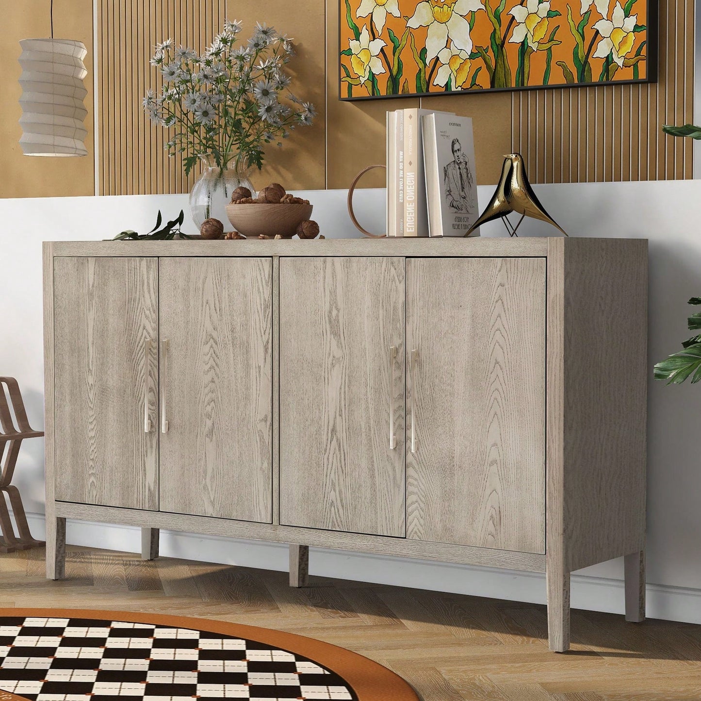 Storage Cabinet Sideboard Wooden Cabinet With 4 Metal Handles ,4 Shelves And 4 Doors For Hallway, Entryway, Living Room