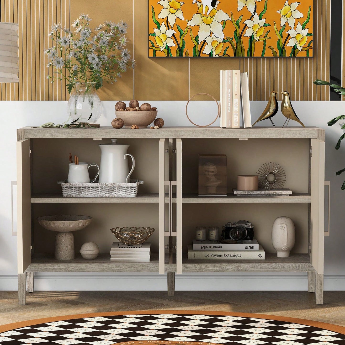 Storage Cabinet Sideboard Wooden Cabinet With 4 Metal Handles ,4 Shelves And 4 Doors For Hallway, Entryway, Living Room
