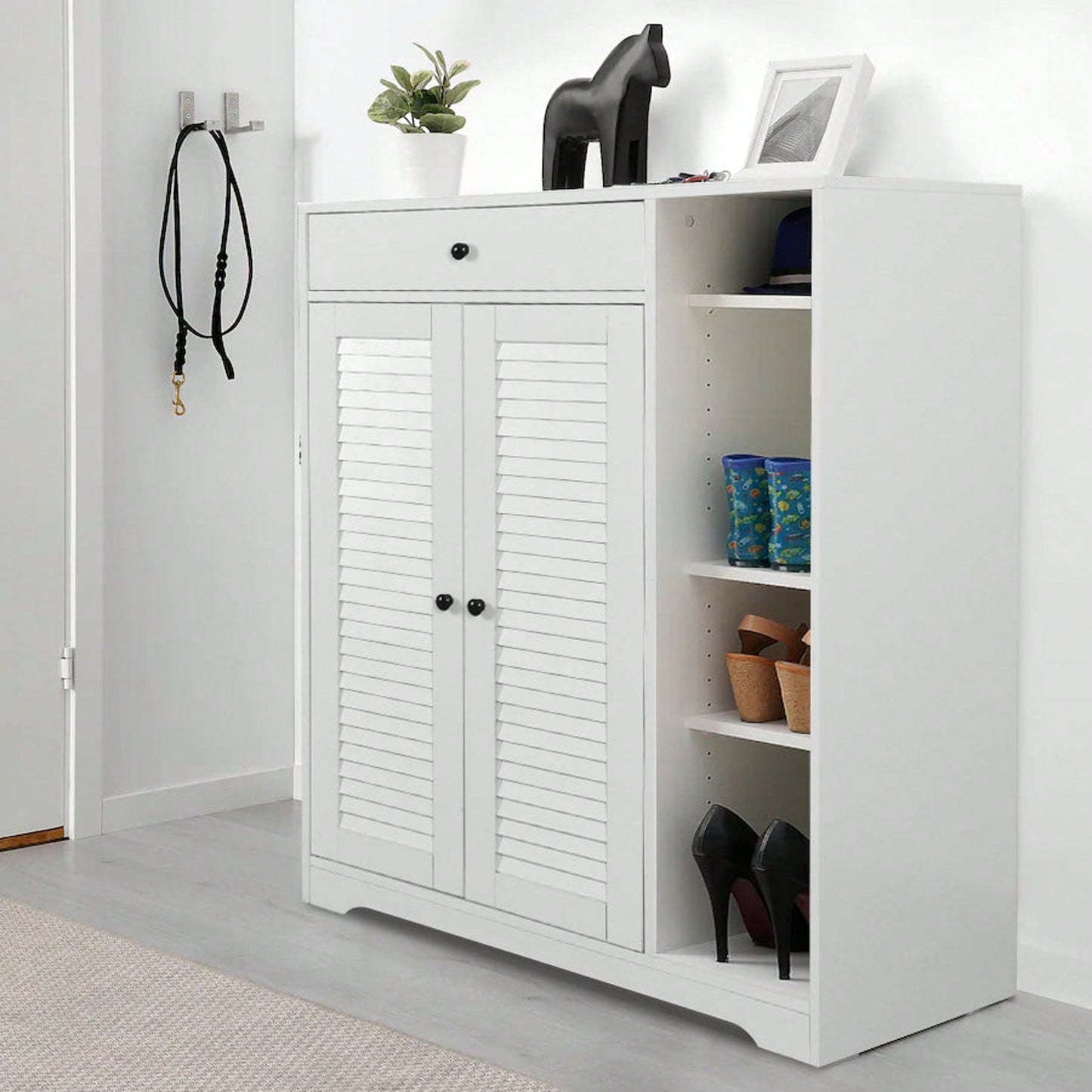 Modern Narrow Shoe Rack with Adjustable Shelves and Top Drawer for Entryway Storage
