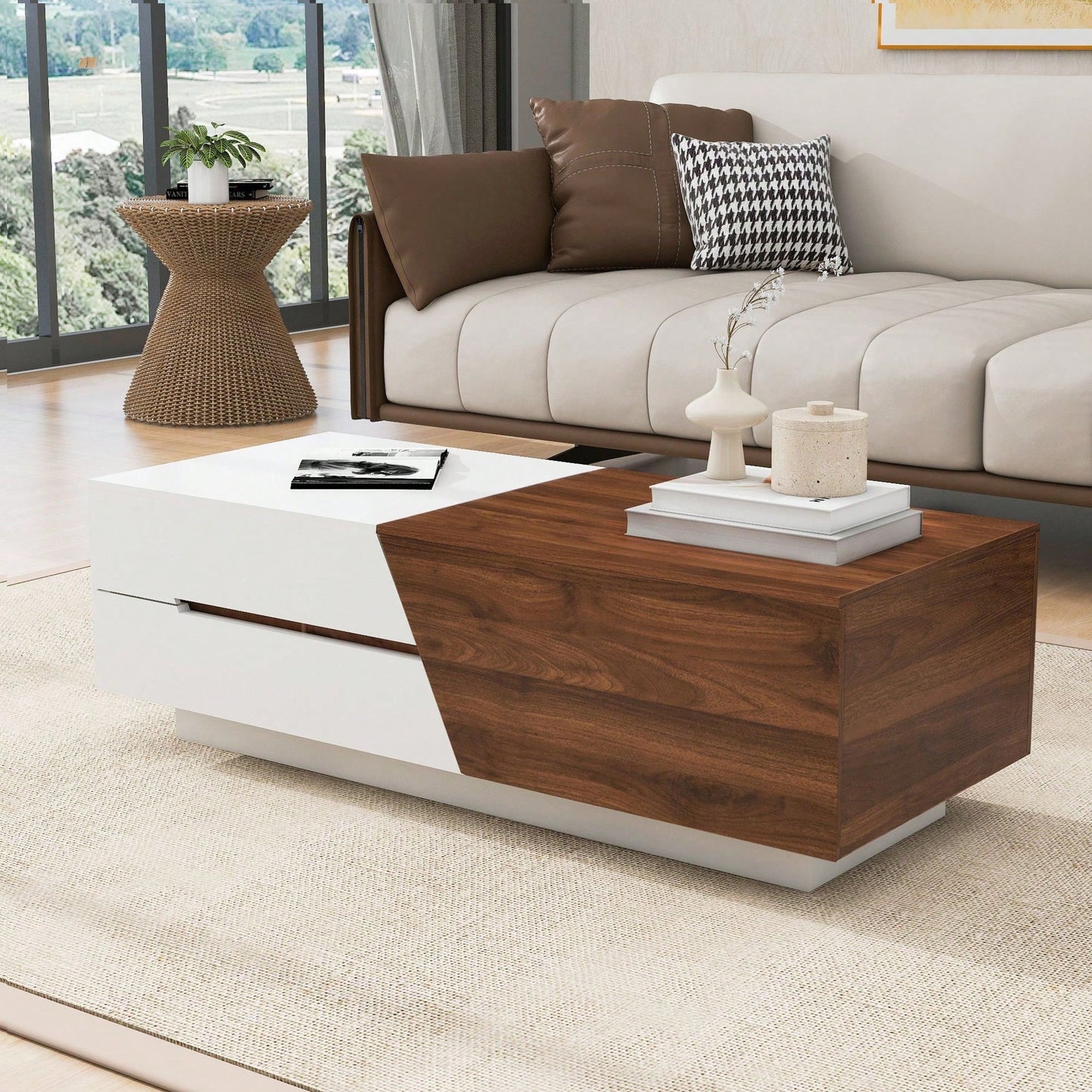 Extendable Sliding Top Coffee Table With Storage In White & Walnut