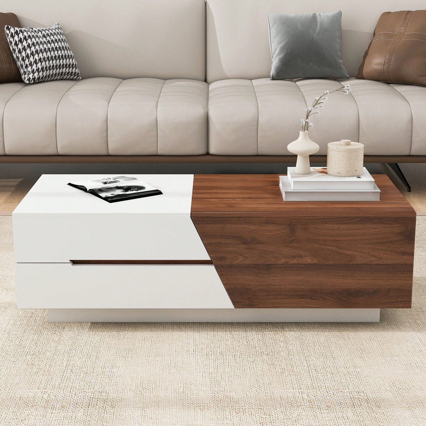Extendable Sliding Top Coffee Table With Storage In White & Walnut