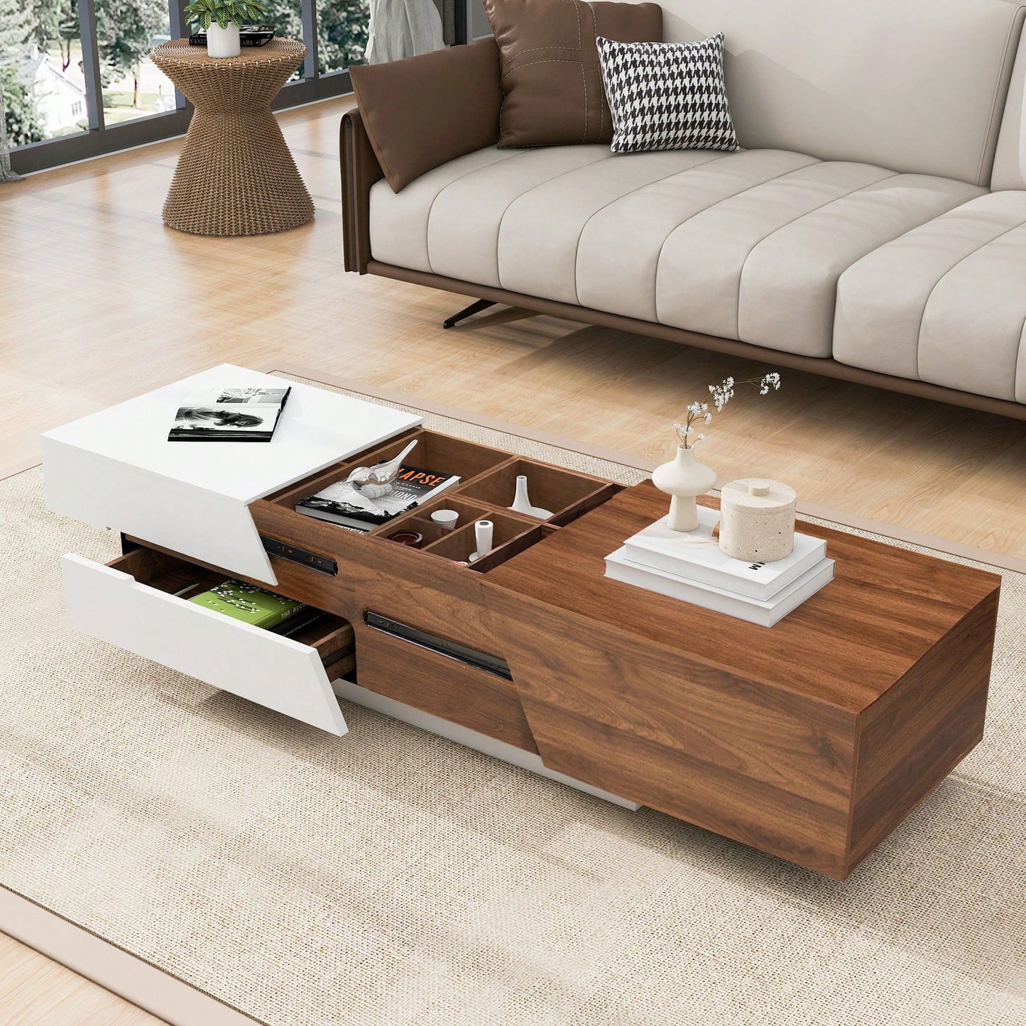 Extendable Sliding Top Coffee Table With Storage In White & Walnut