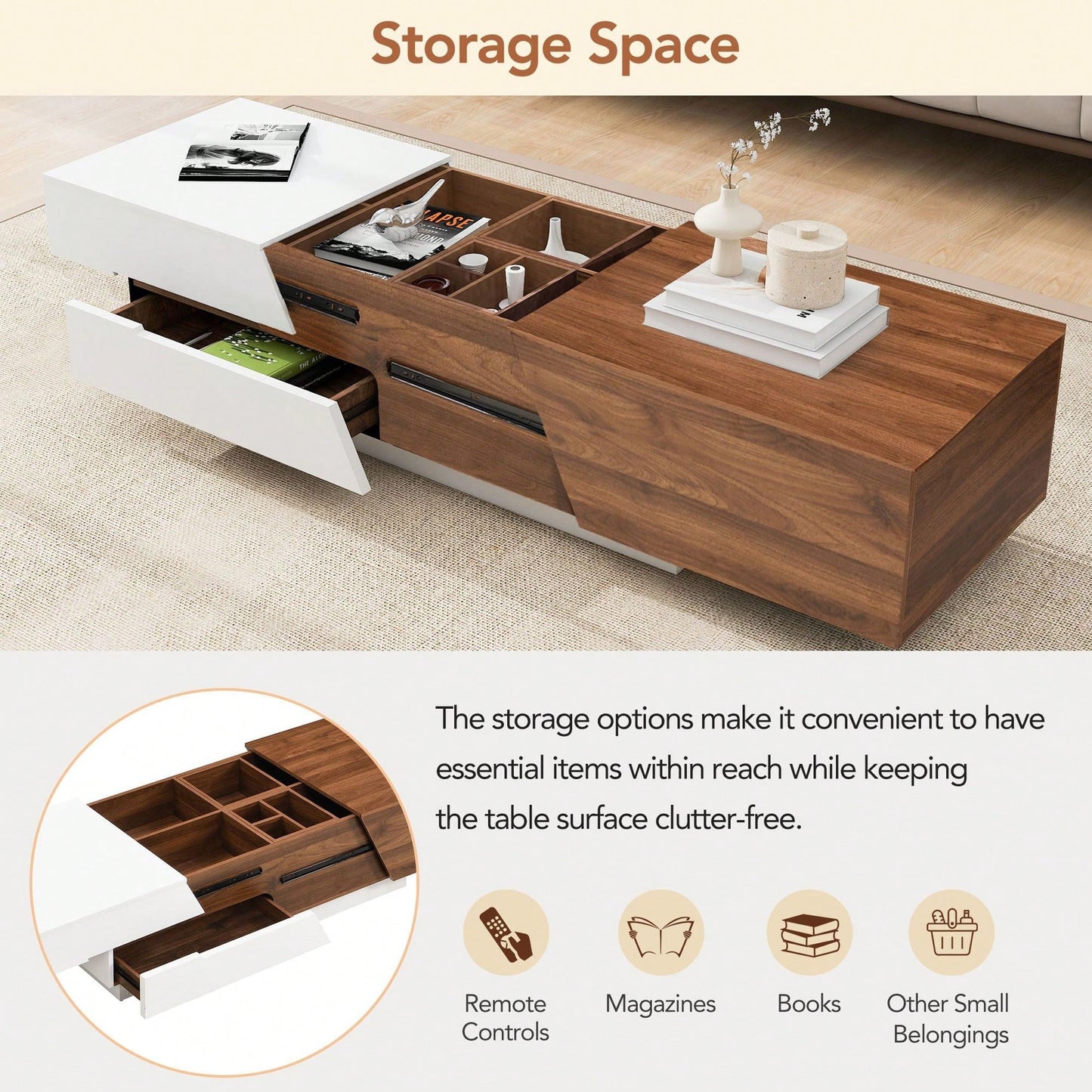 Extendable Sliding Top Coffee Table With Storage In White & Walnut