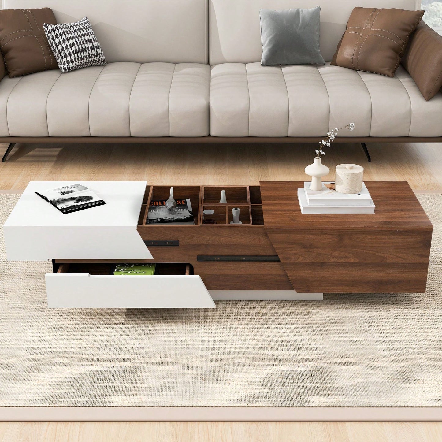 Extendable Sliding Top Coffee Table With Storage In White & Walnut