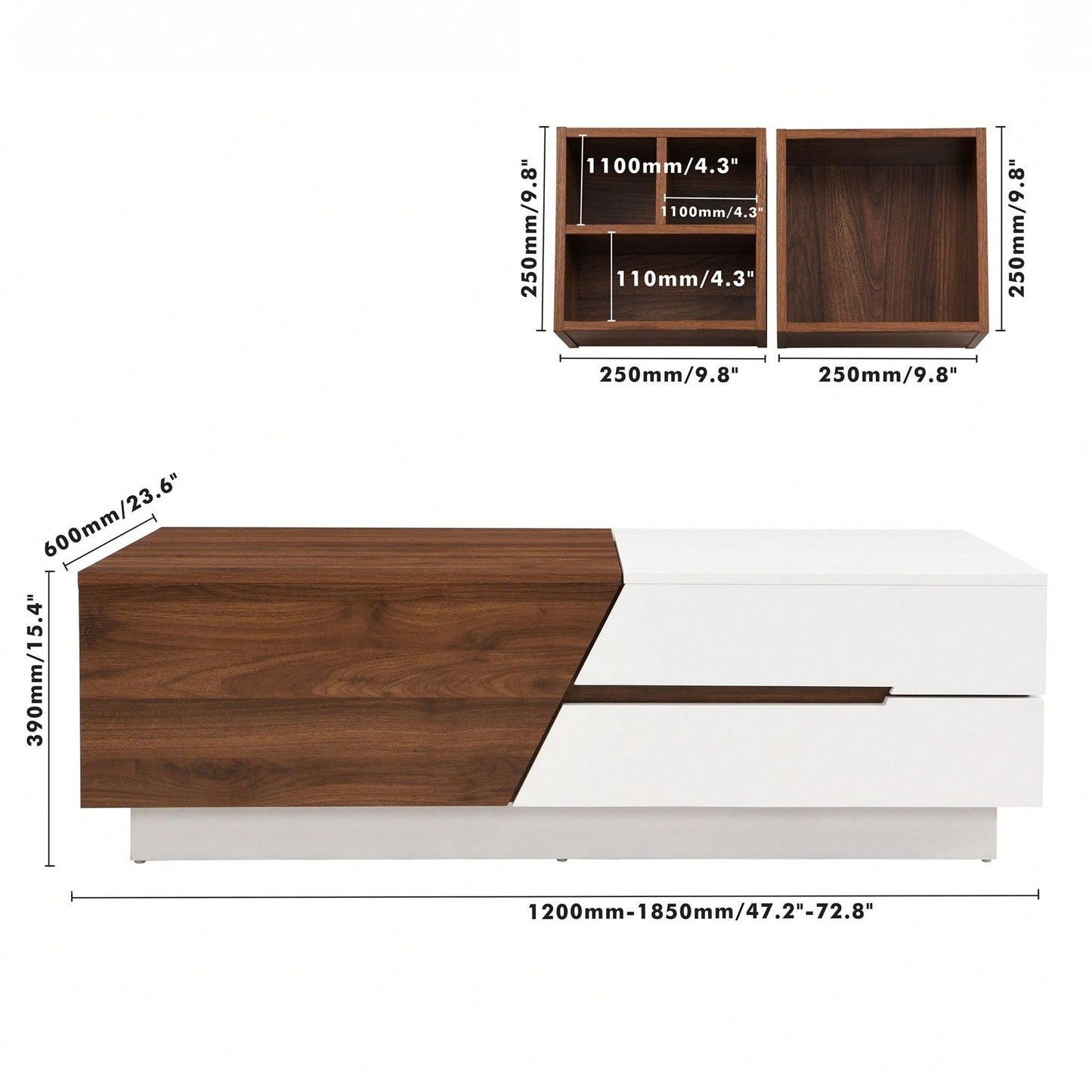 Extendable Sliding Top Coffee Table With Storage In White & Walnut