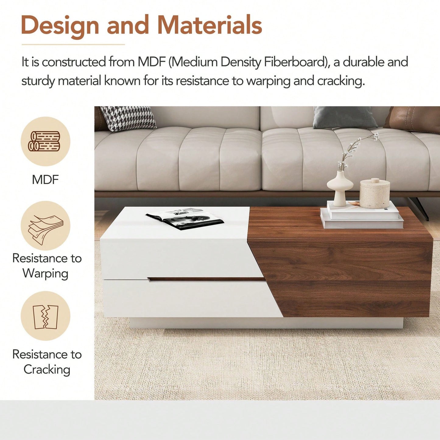 Extendable Sliding Top Coffee Table With Storage In White & Walnut