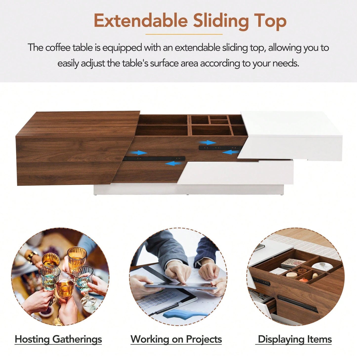 Extendable Sliding Top Coffee Table With Storage In White & Walnut
