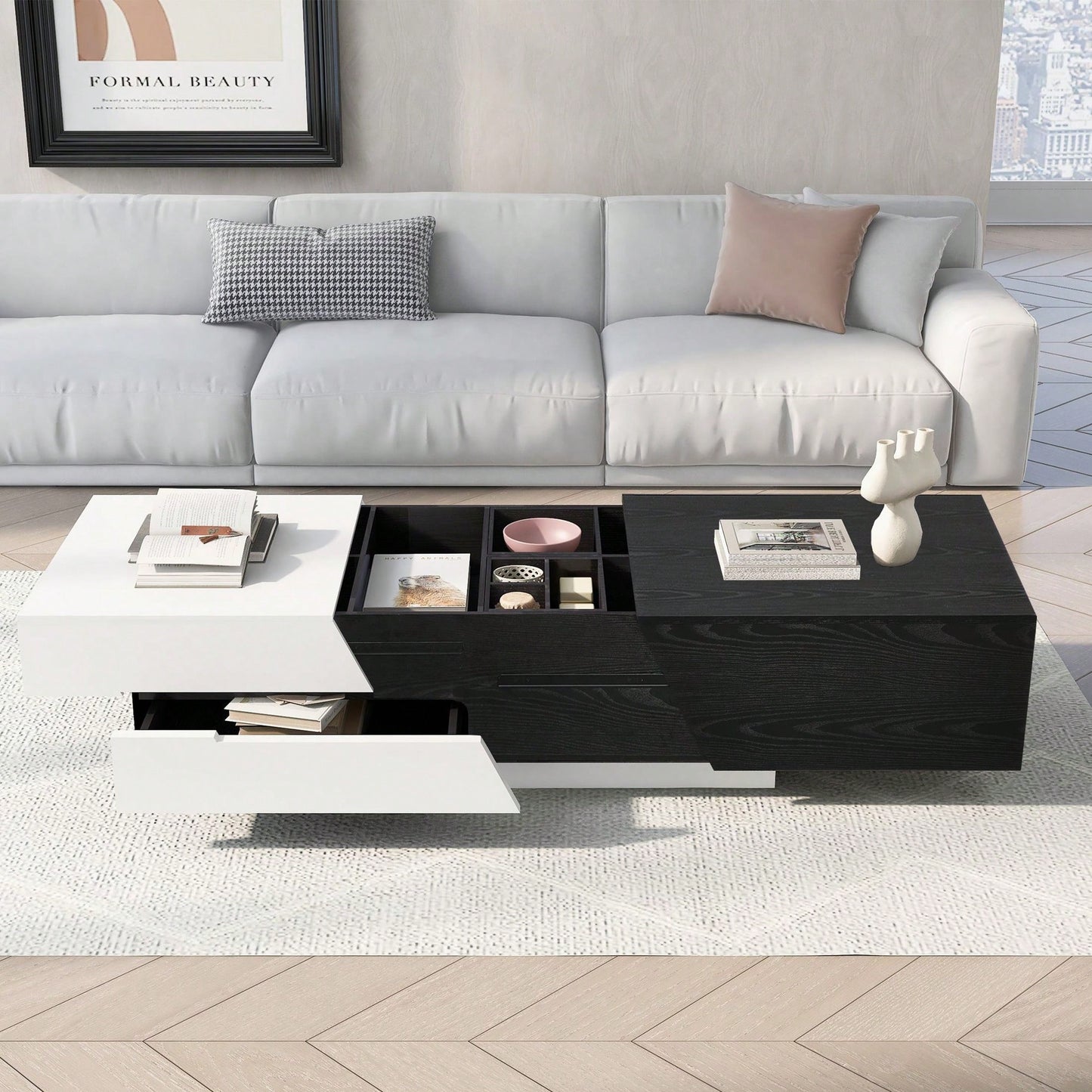 Extendable Sliding Top Coffee Table With Storage In White & Walnut