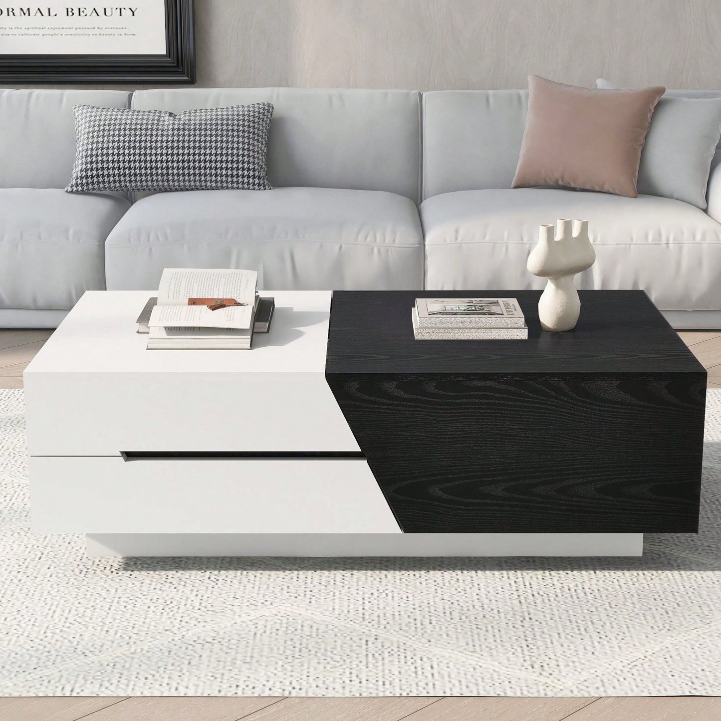 Extendable Sliding Top Coffee Table With Storage In White & Walnut