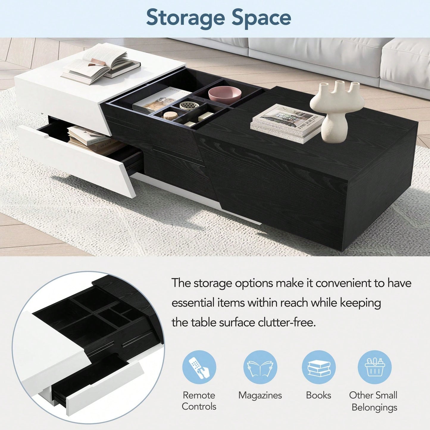 Extendable Sliding Top Coffee Table With Storage In White & Walnut