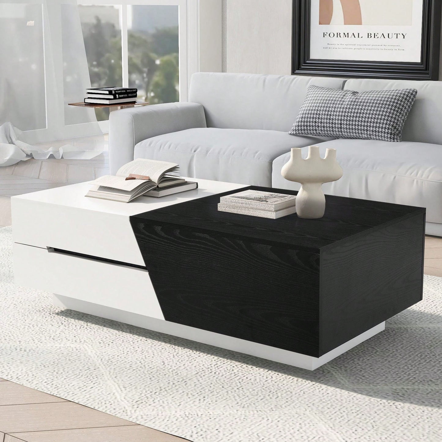 Extendable Sliding Top Coffee Table With Storage In White & Walnut