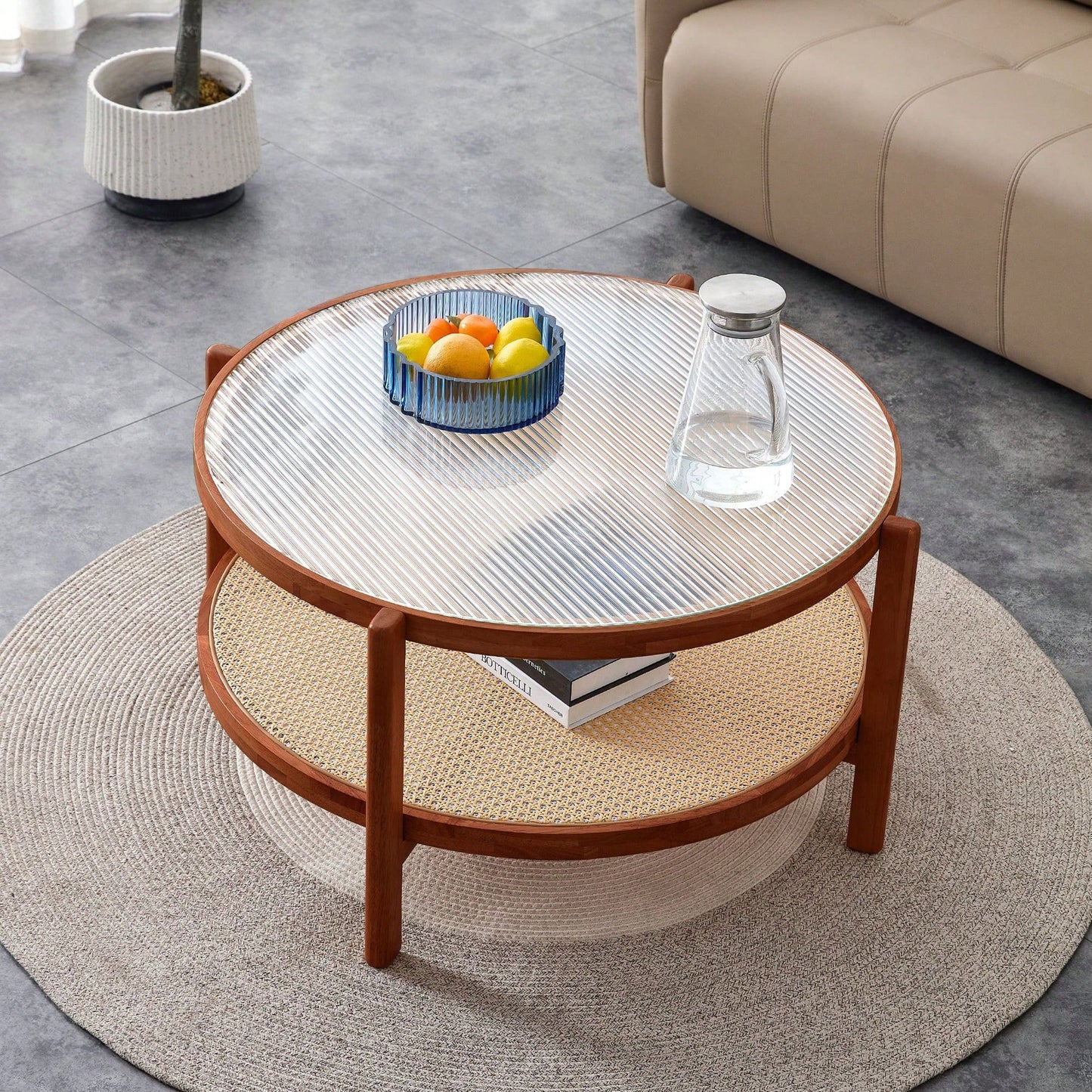 Circular Double-Layer Solid Wood Coffee Table, Craft Glass Tabletop, Second Layer Material: PE Rattan, Solid Wood Frame