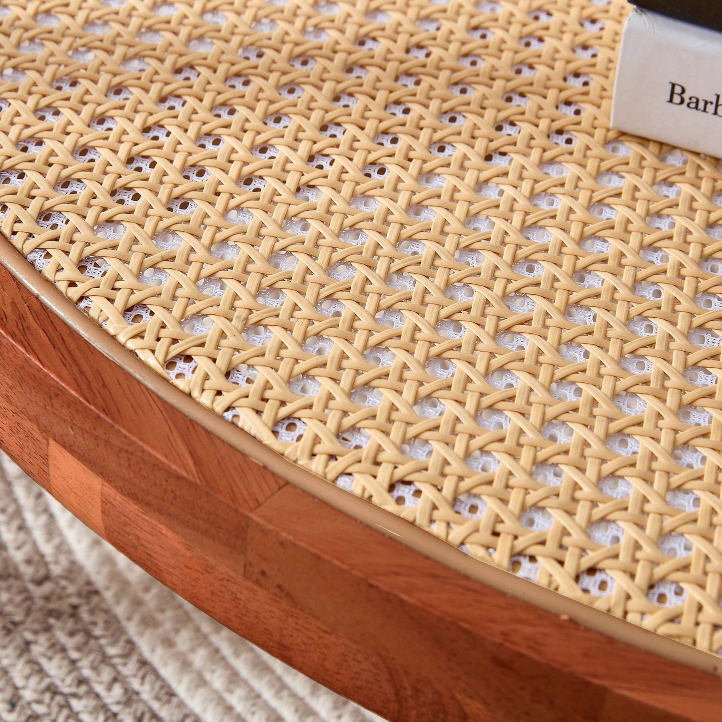 Circular Double-Layer Solid Wood Coffee Table, Craft Glass Tabletop, Second Layer Material: PE Rattan, Solid Wood Frame