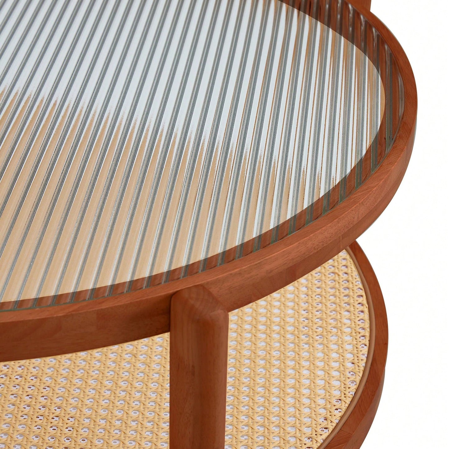 Circular Double-Layer Solid Wood Coffee Table, Craft Glass Tabletop, Second Layer Material: PE Rattan, Solid Wood Frame