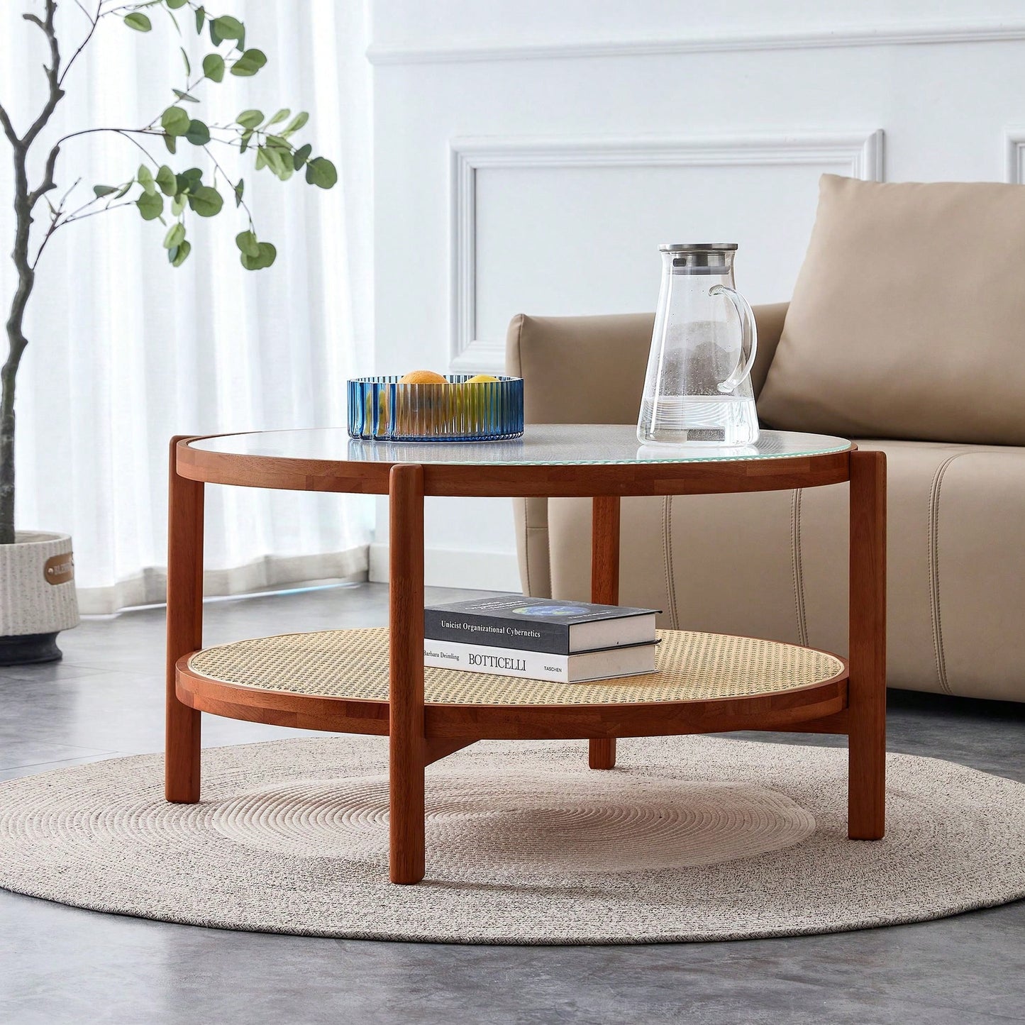 Circular Double-Layer Solid Wood Coffee Table, Craft Glass Tabletop, Second Layer Material: PE Rattan, Solid Wood Frame