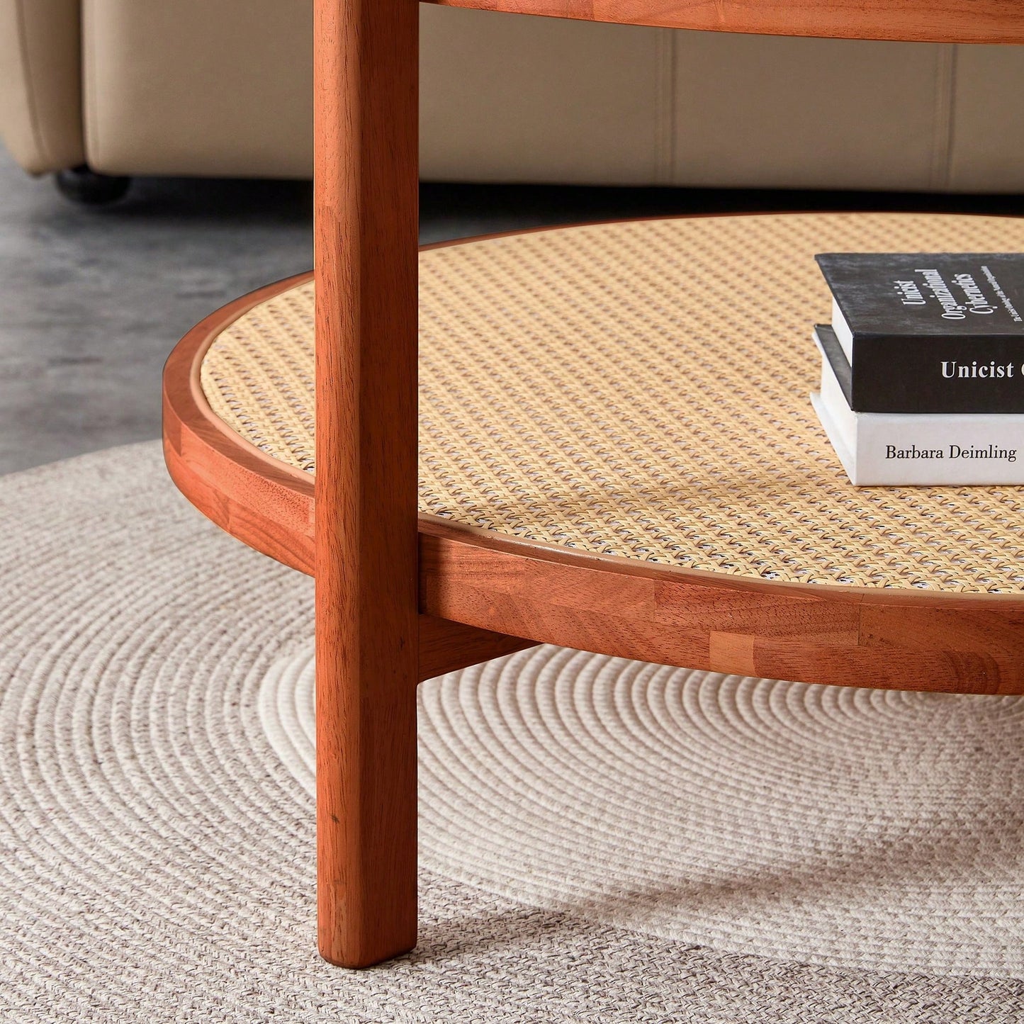 Circular Double-Layer Solid Wood Coffee Table, Craft Glass Tabletop, Second Layer Material: PE Rattan, Solid Wood Frame