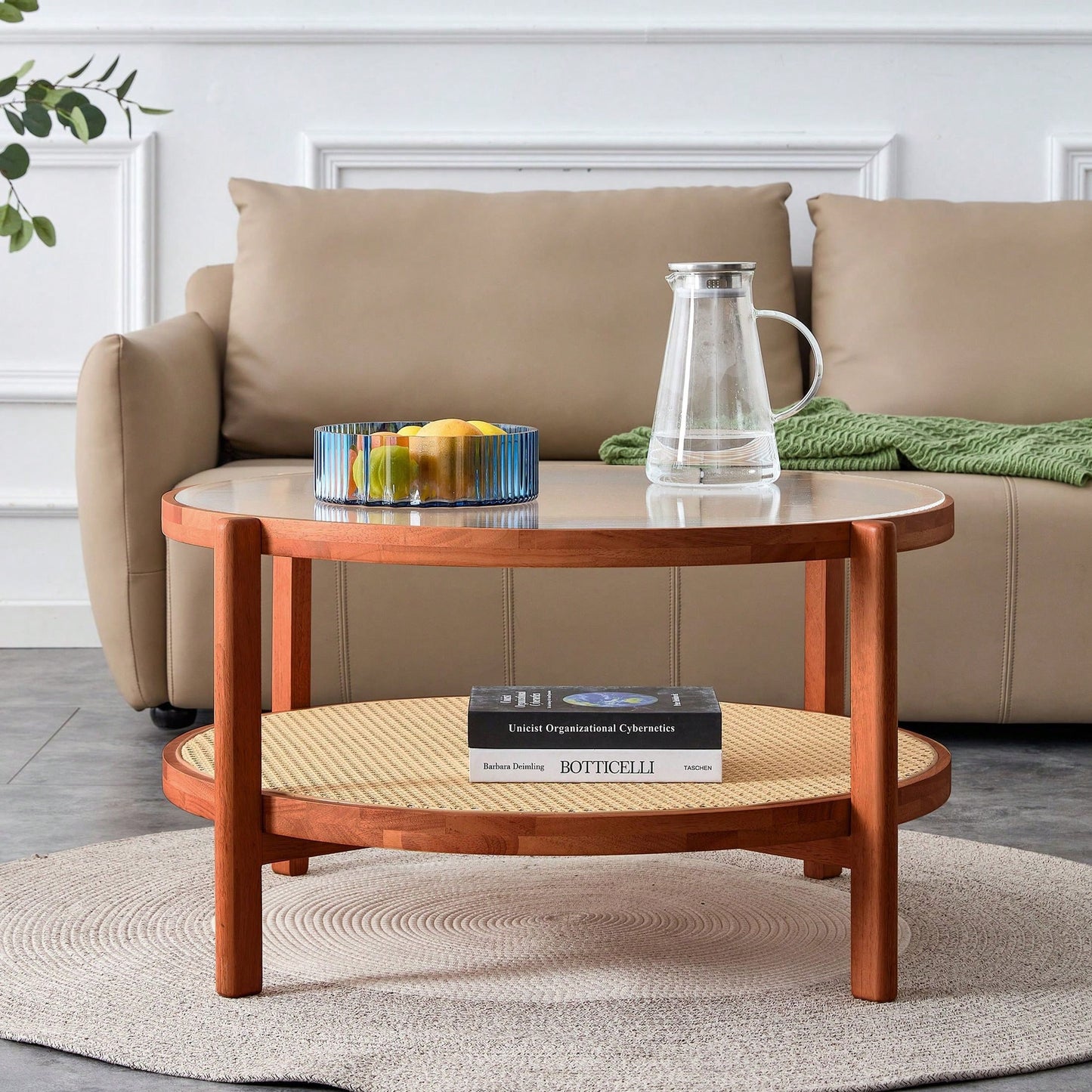 Circular Double-Layer Solid Wood Coffee Table, Craft Glass Tabletop, Second Layer Material: PE Rattan, Solid Wood Frame