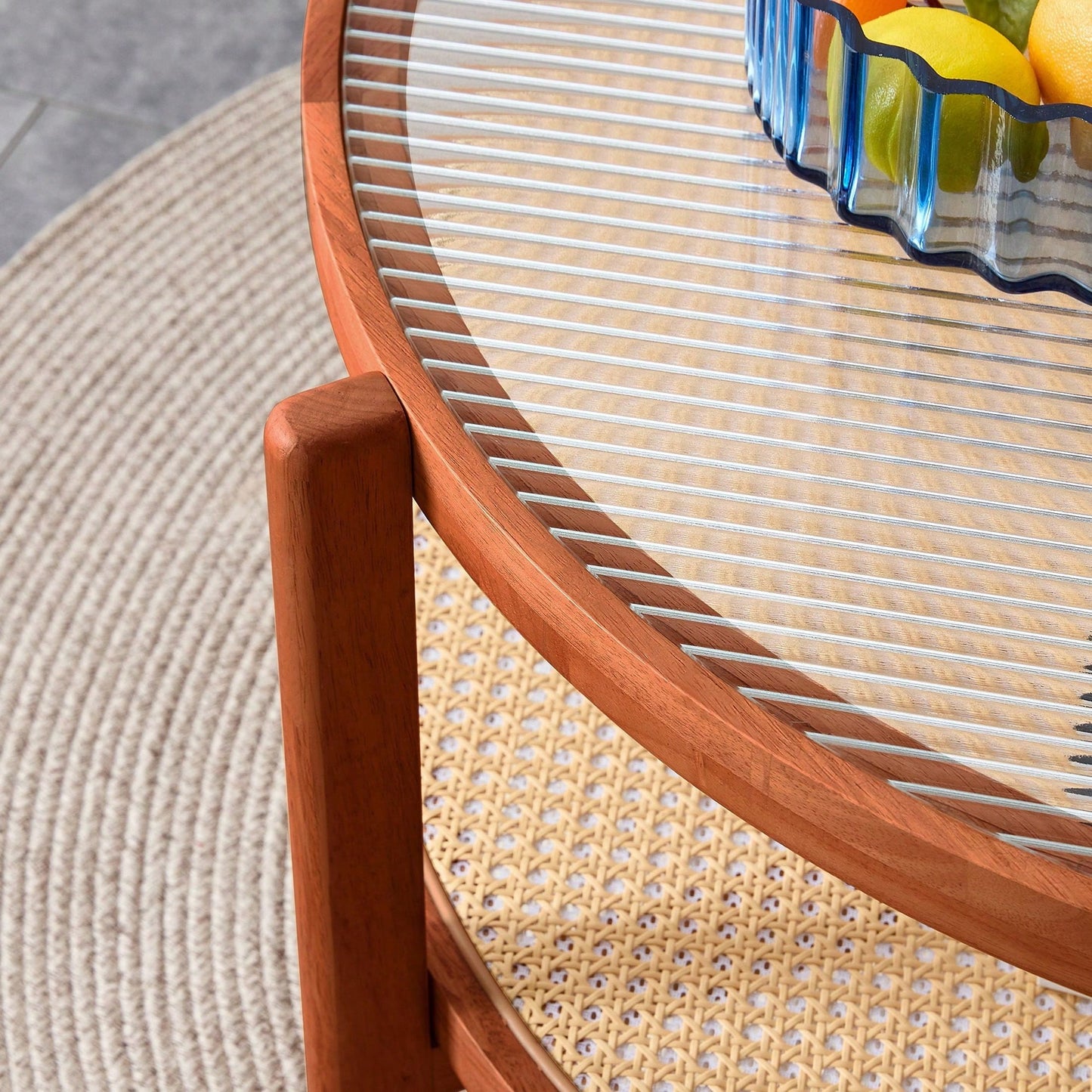Circular Double-Layer Solid Wood Coffee Table, Craft Glass Tabletop, Second Layer Material: PE Rattan, Solid Wood Frame