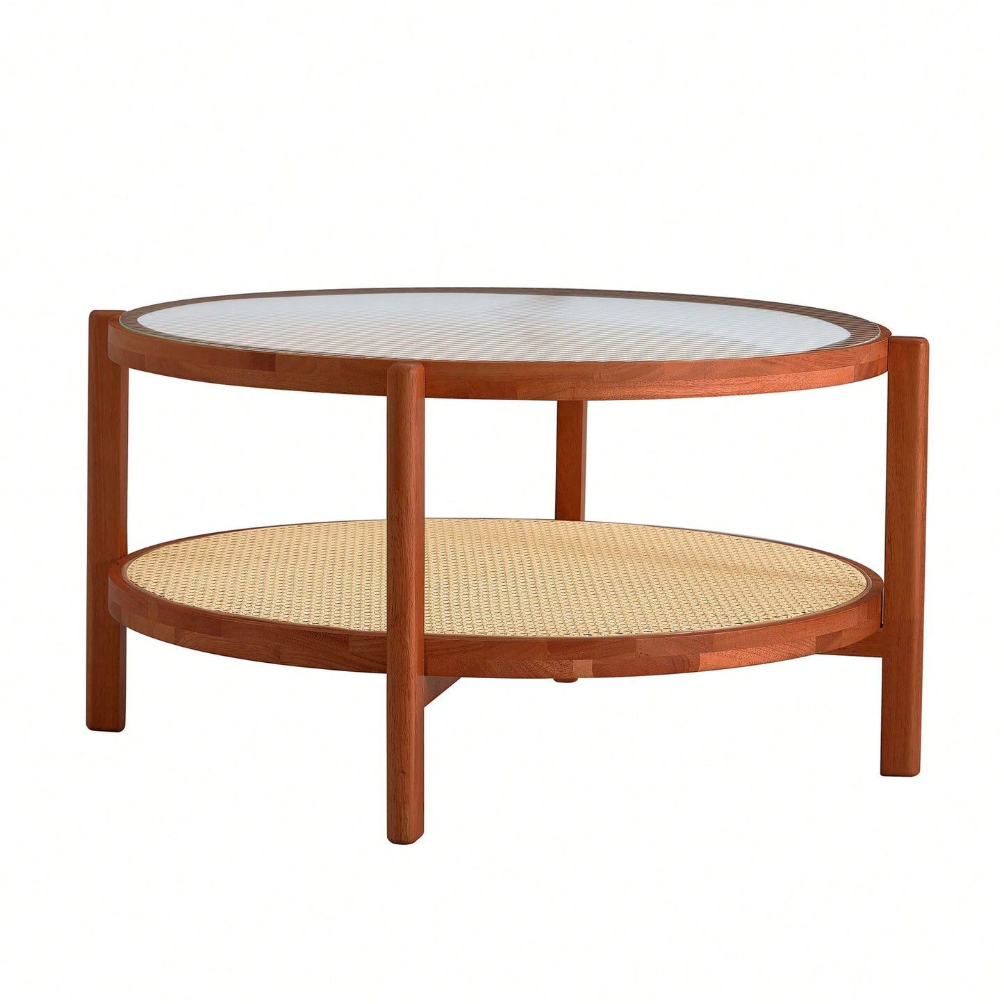 Circular Double-Layer Solid Wood Coffee Table, Craft Glass Tabletop, Second Layer Material: PE Rattan, Solid Wood Frame