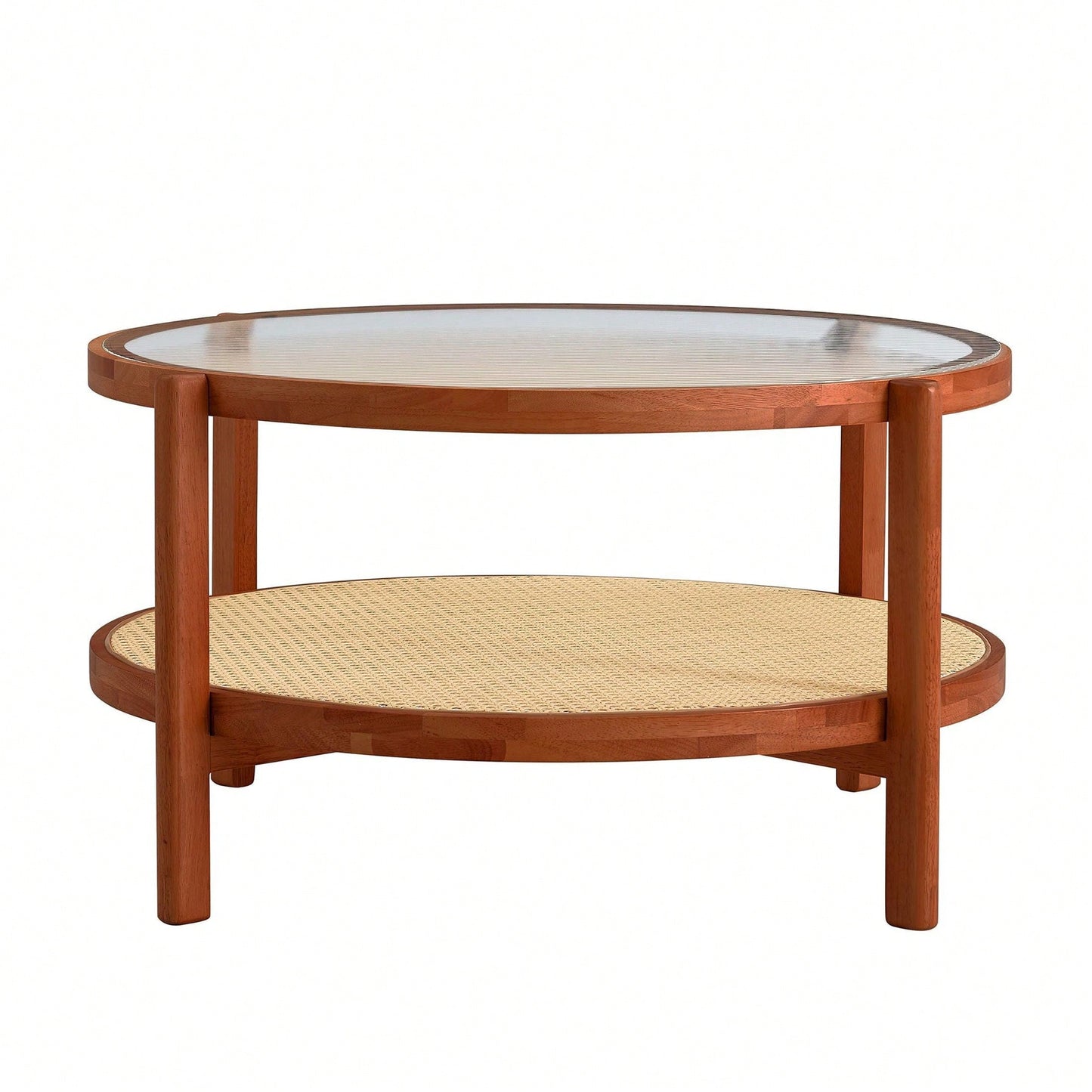 Circular Double-Layer Solid Wood Coffee Table, Craft Glass Tabletop, Second Layer Material: PE Rattan, Solid Wood Frame