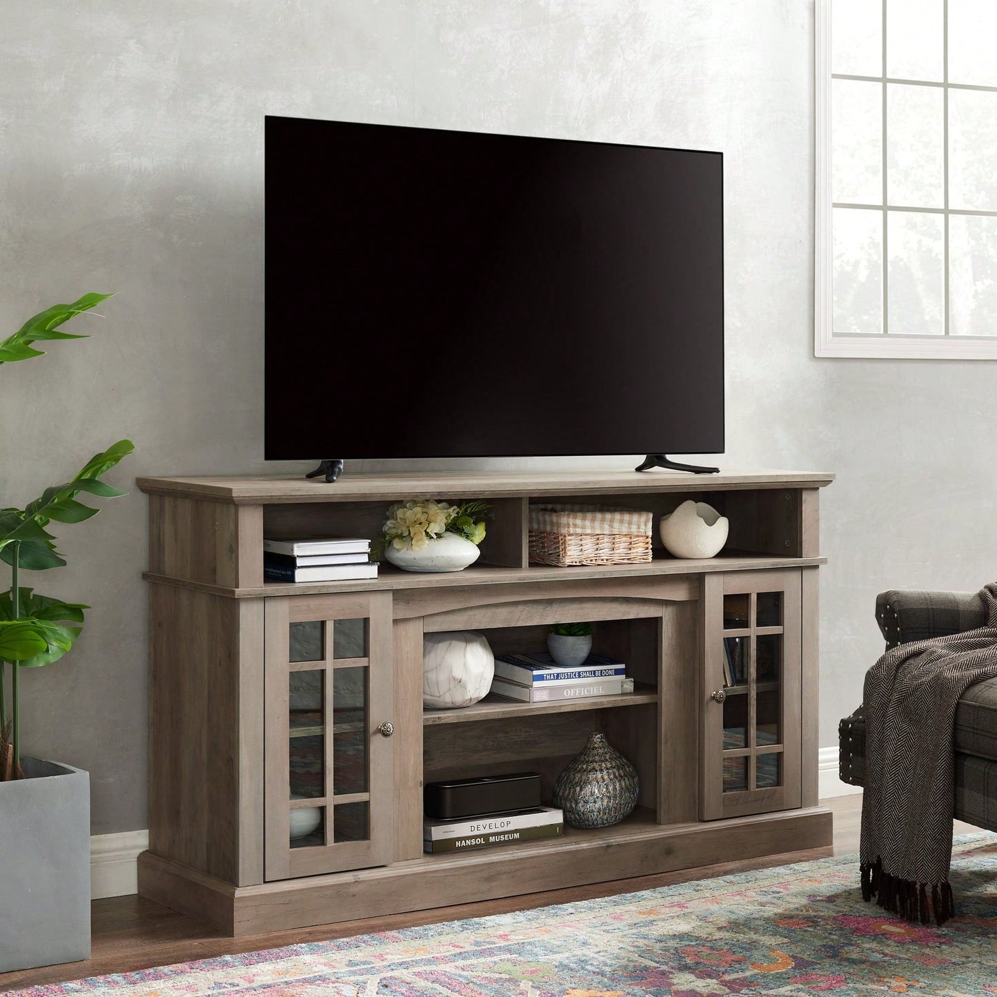 Modern Entertainment Console For TV Up To 65" With Open And Closed Storage Space, Grey Wash, 58.25"W*15.75"D*32"H