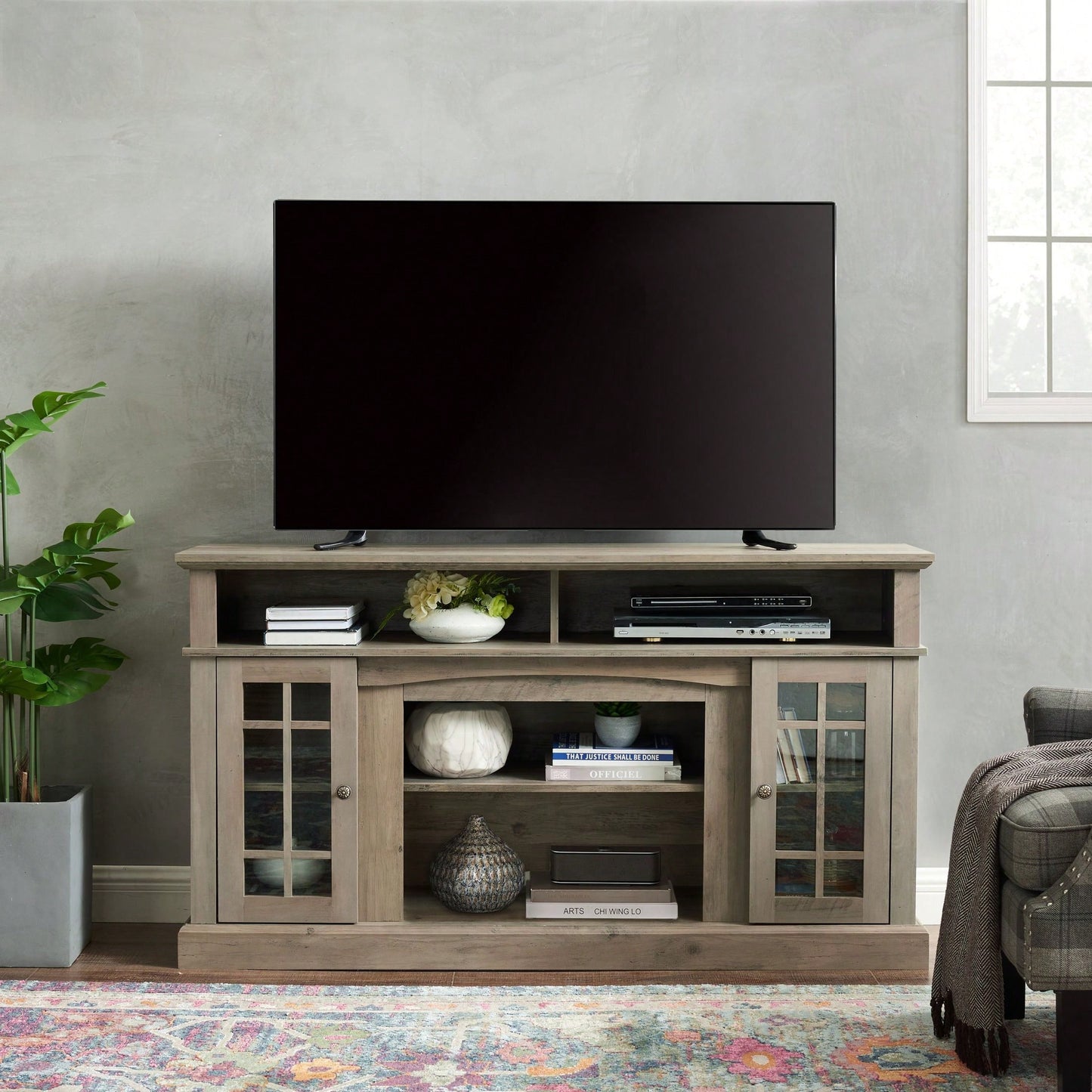 Modern Entertainment Console For TV Up To 65" With Open And Closed Storage Space, Grey Wash, 58.25"W*15.75"D*32"H