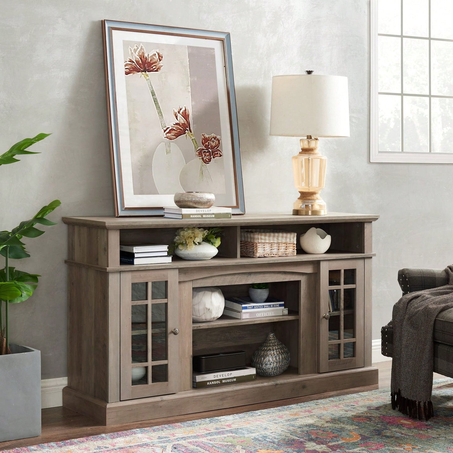 Modern Entertainment Console For TV Up To 65" With Open And Closed Storage Space, Grey Wash, 58.25"W*15.75"D*32"H