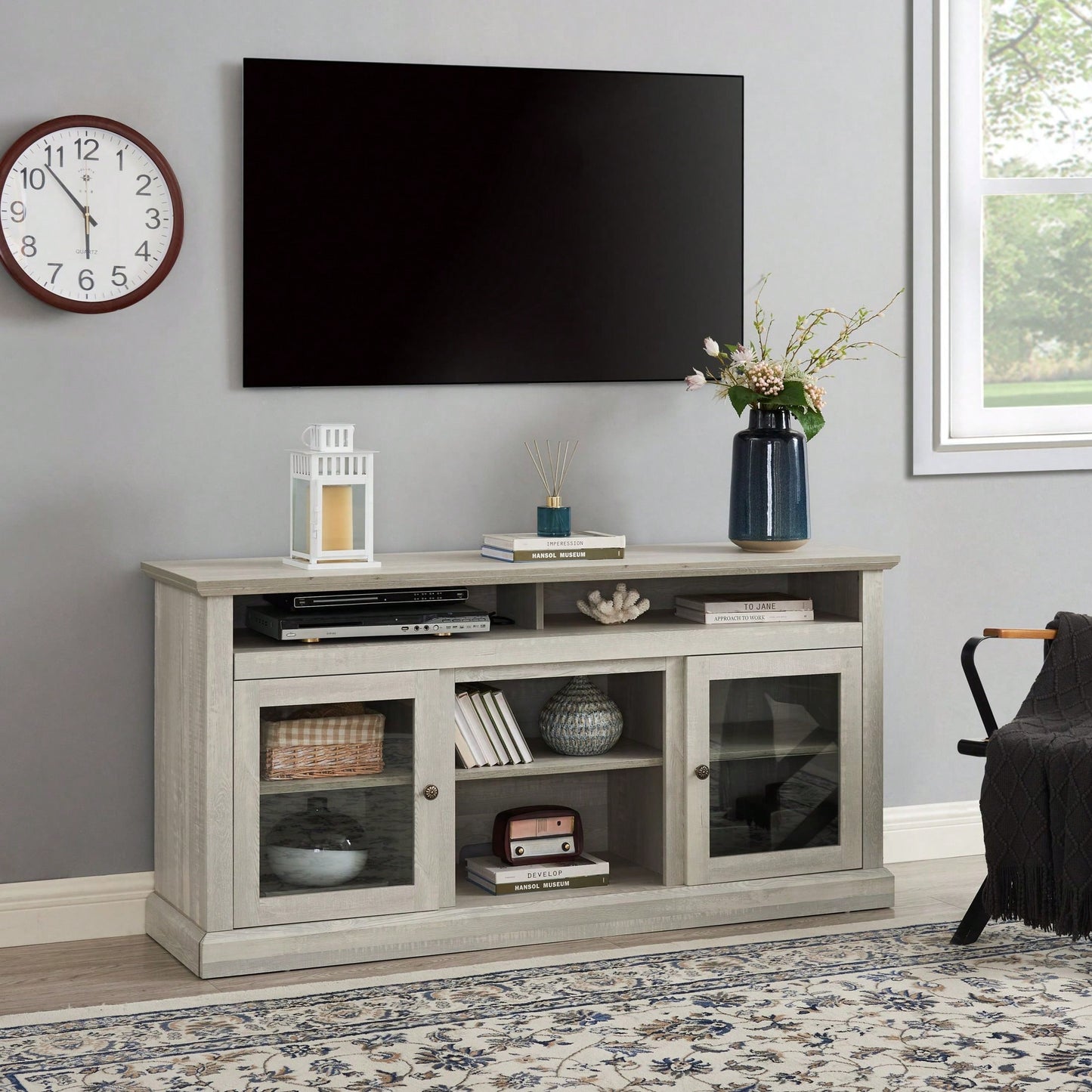 Modern Entertainment Console For TV Up To 65" With Open And Closed Storage Space, Stone Gray, 60"W*15.75"D*29"H