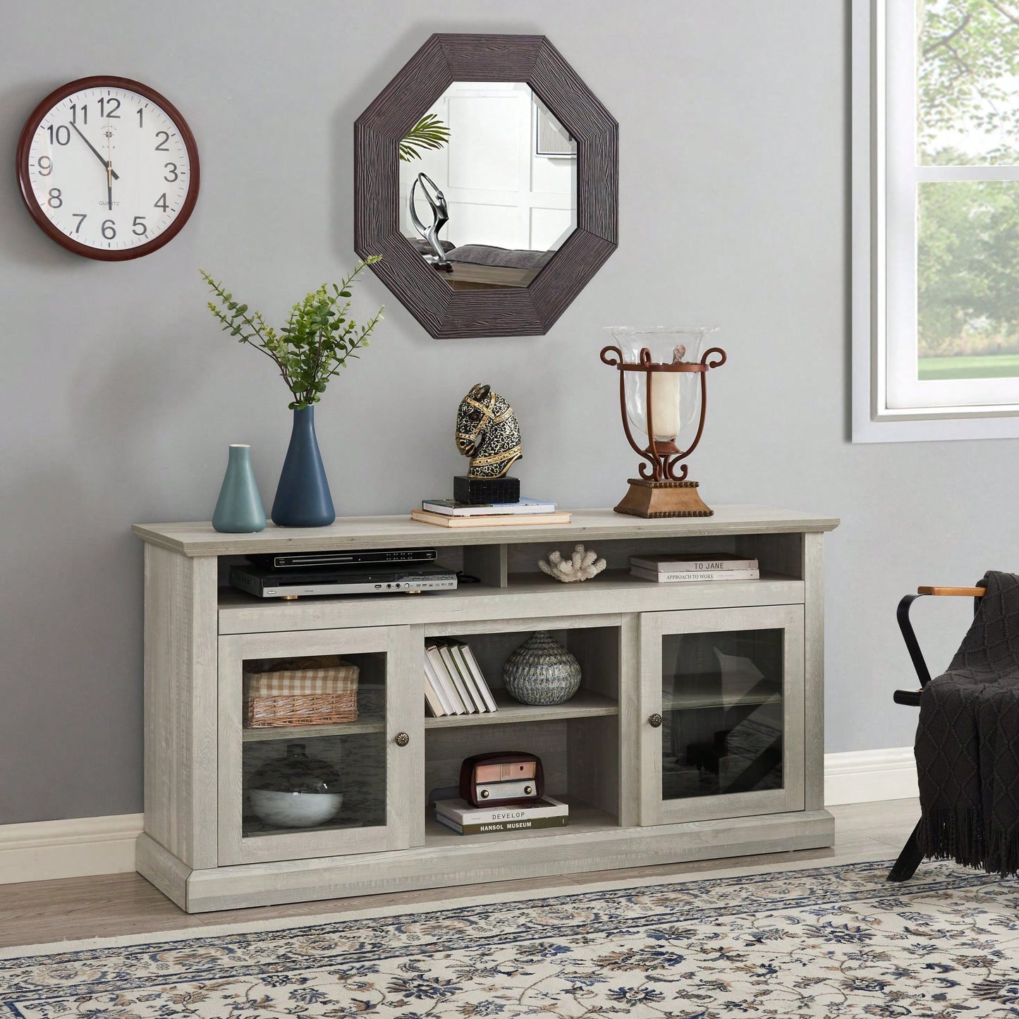 Modern Entertainment Console For TV Up To 65" With Open And Closed Storage Space, Stone Gray, 60"W*15.75"D*29"H