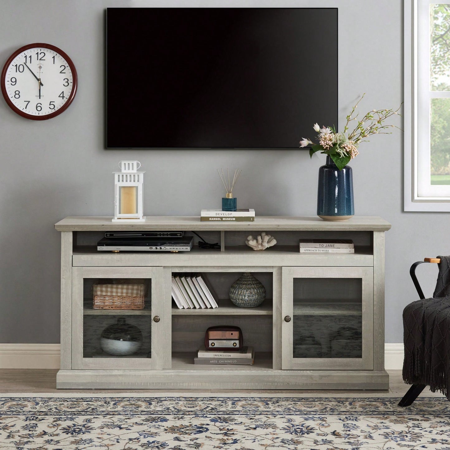 Modern Entertainment Console For TV Up To 65" With Open And Closed Storage Space, Stone Gray, 60"W*15.75"D*29"H