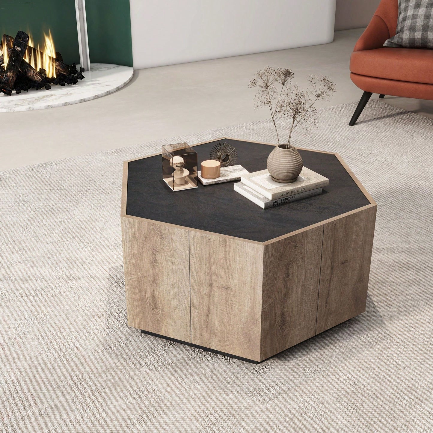 Hexagonal Rural Style Garden Retro Living Room Coffee Table With 2 Drawers