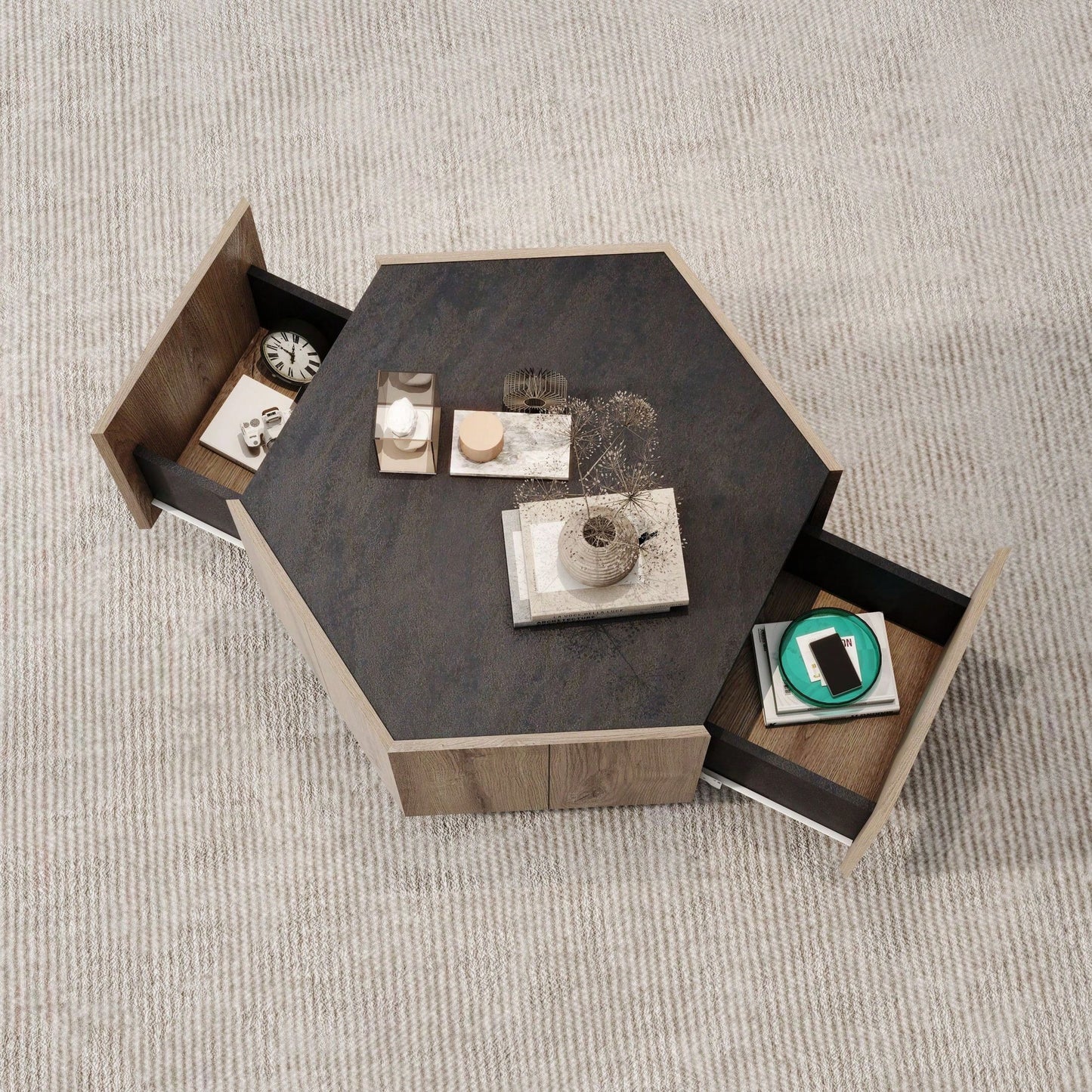 Hexagonal Rural Style Garden Retro Living Room Coffee Table With 2 Drawers