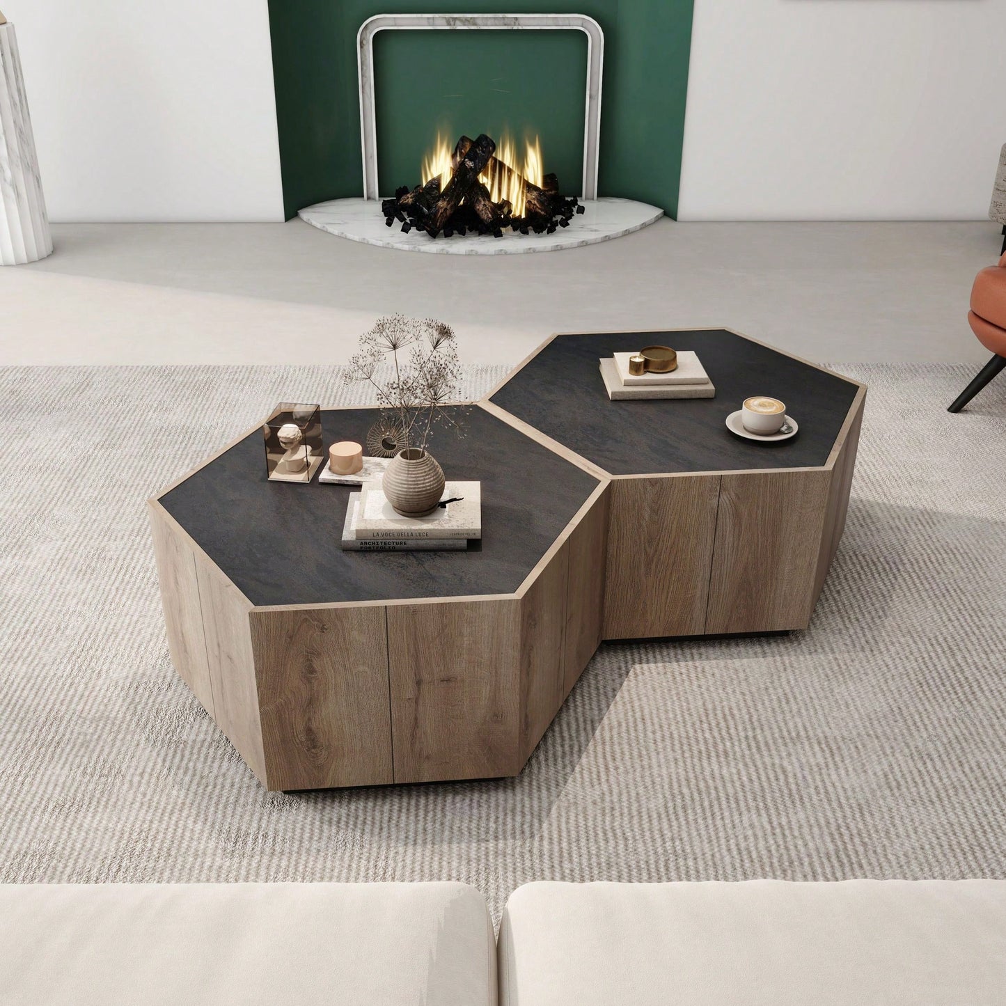 Hexagonal Rural Style Garden Retro Living Room Coffee Table With 2 Drawers