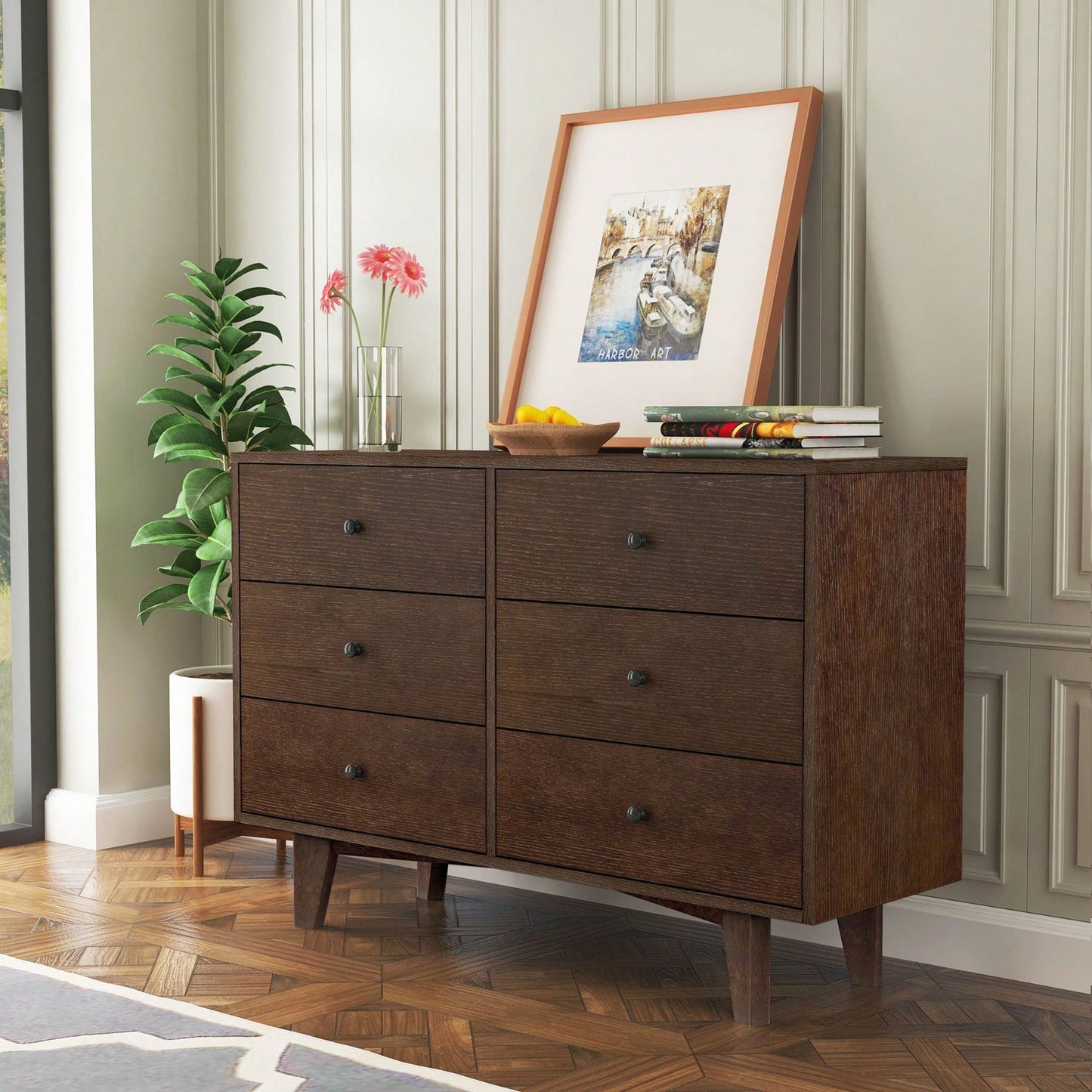 Solid Wood Spray-Painted Retro Drawer Dresser Buffet Table with Round Handle for Dining Room and Kitchen