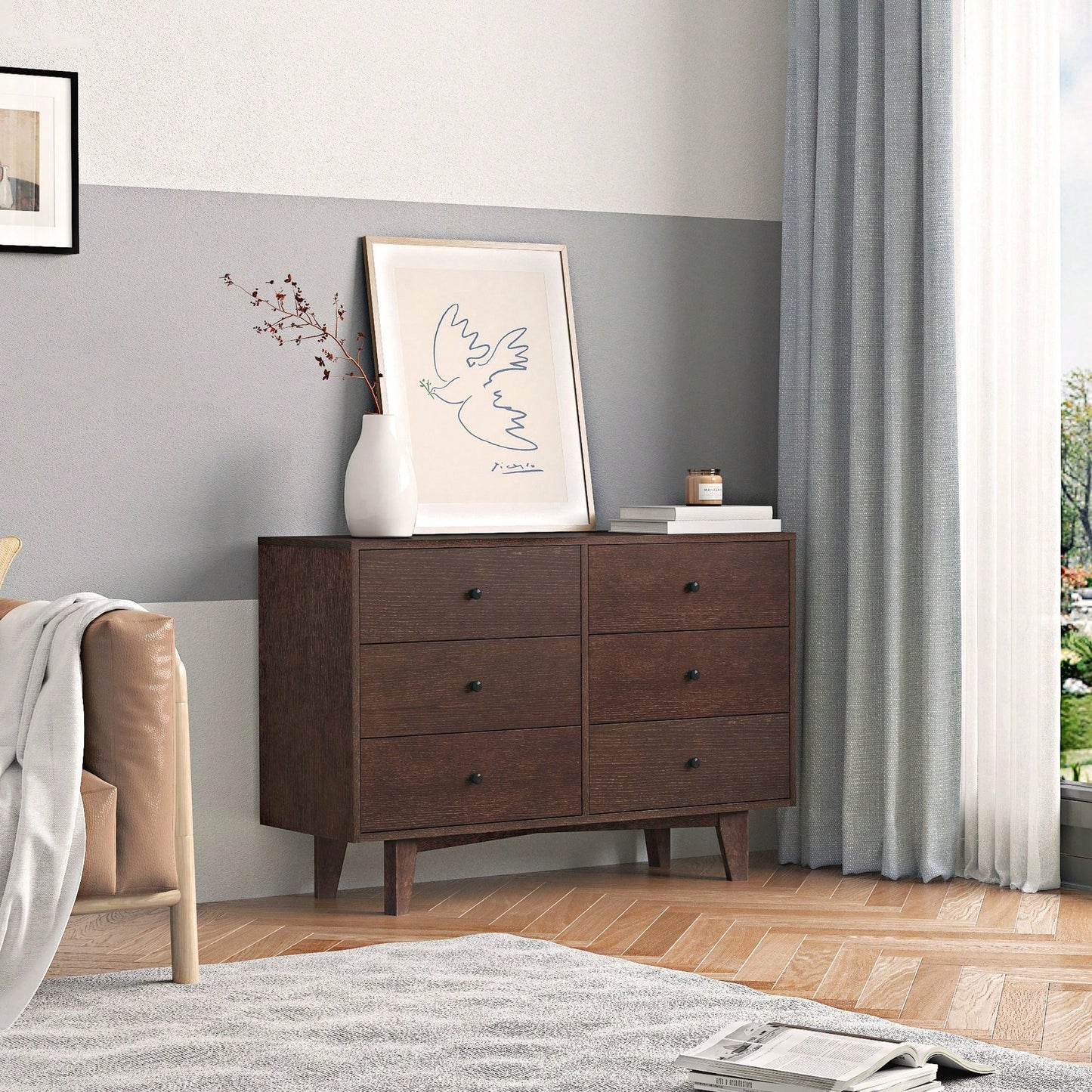 Solid Wood Spray-Painted Retro Drawer Dresser Buffet Table with Round Handle for Dining Room and Kitchen