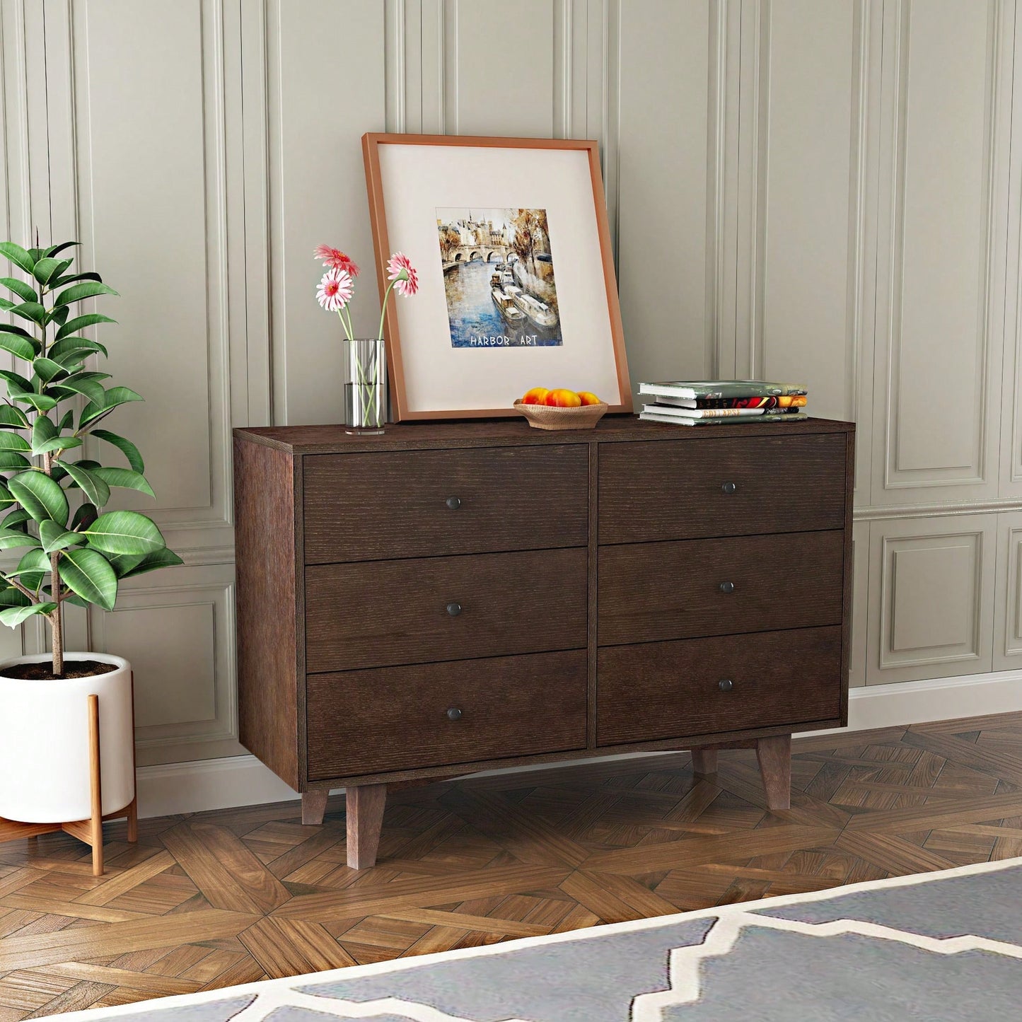 Solid Wood Spray-Painted Retro Drawer Dresser Buffet Table with Round Handle for Dining Room and Kitchen