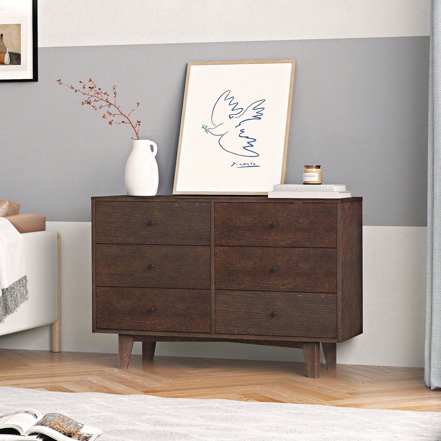 Solid Wood Spray-Painted Retro Drawer Dresser Buffet Table with Round Handle for Dining Room and Kitchen