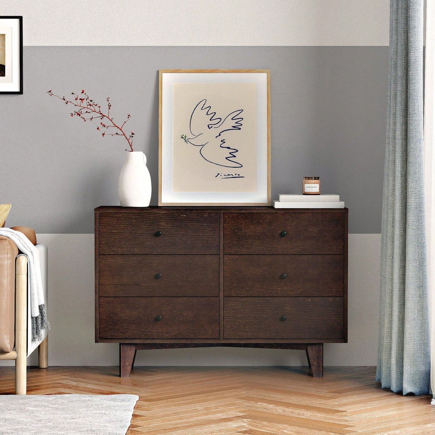 Solid Wood Spray-Painted Retro Drawer Dresser Buffet Table with Round Handle for Dining Room and Kitchen