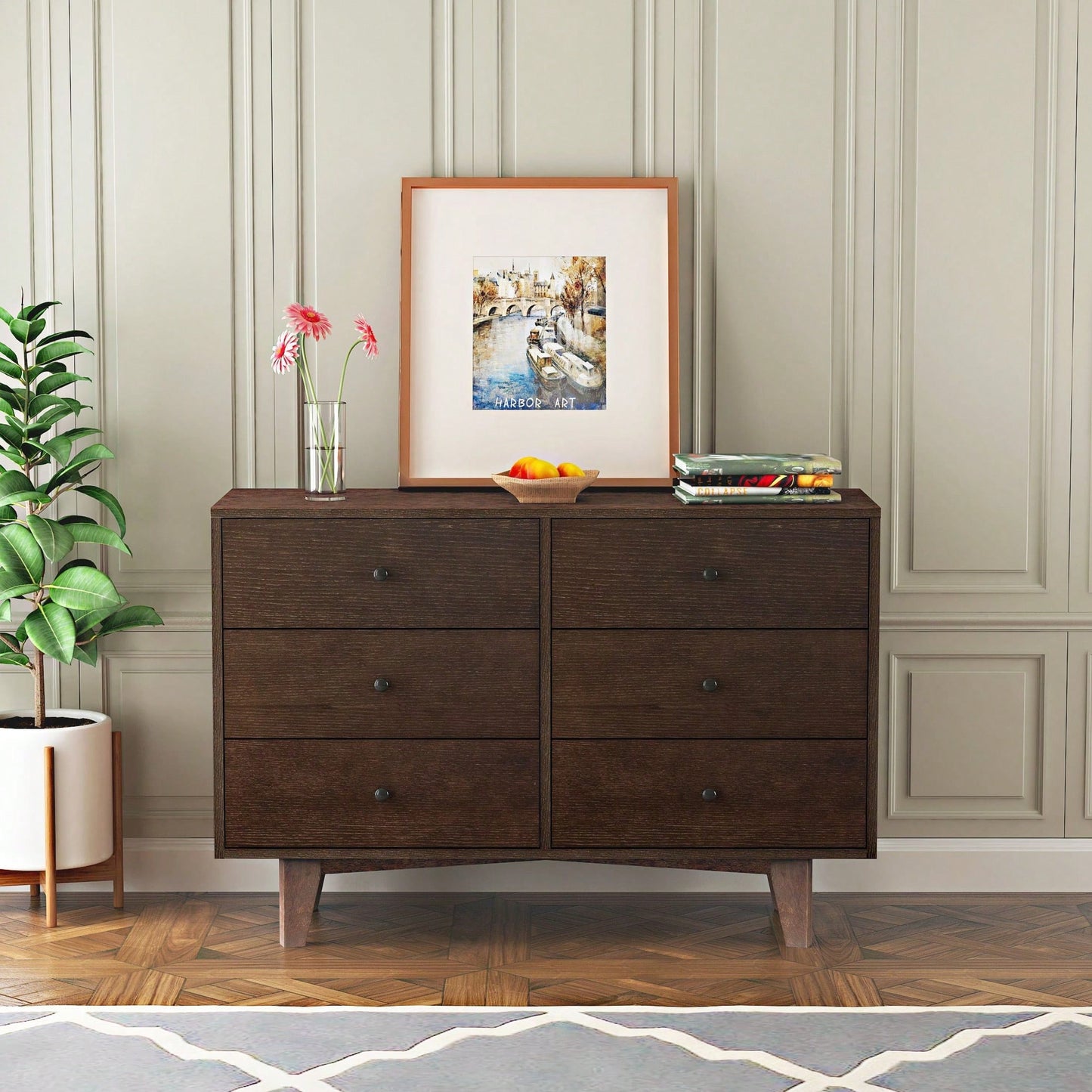 Solid Wood Spray-Painted Retro Drawer Dresser Buffet Table with Round Handle for Dining Room and Kitchen