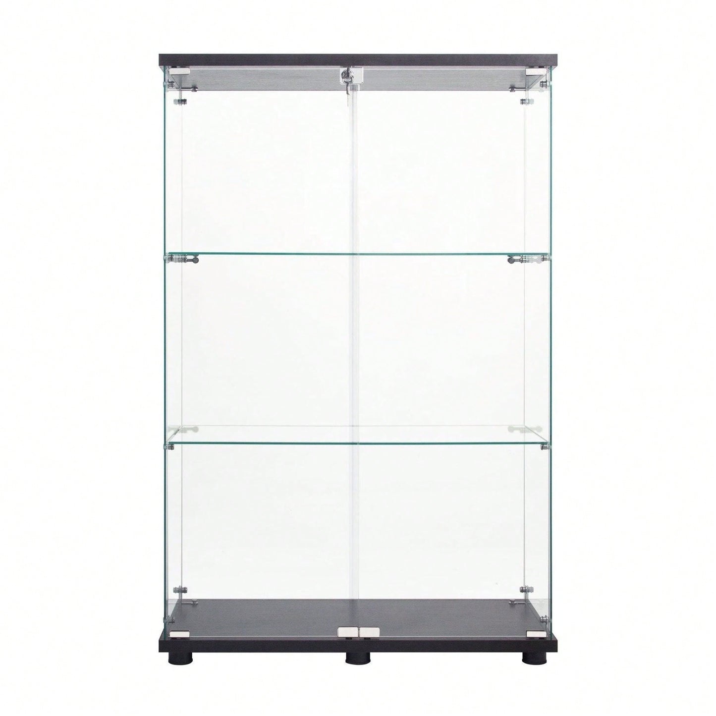 Two Door Glass Cabinet Glass Display Cabinet With 3 Shelves, Black