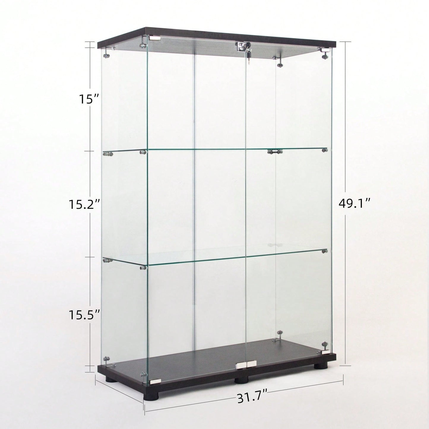 Two Door Glass Cabinet Glass Display Cabinet With 3 Shelves, Black