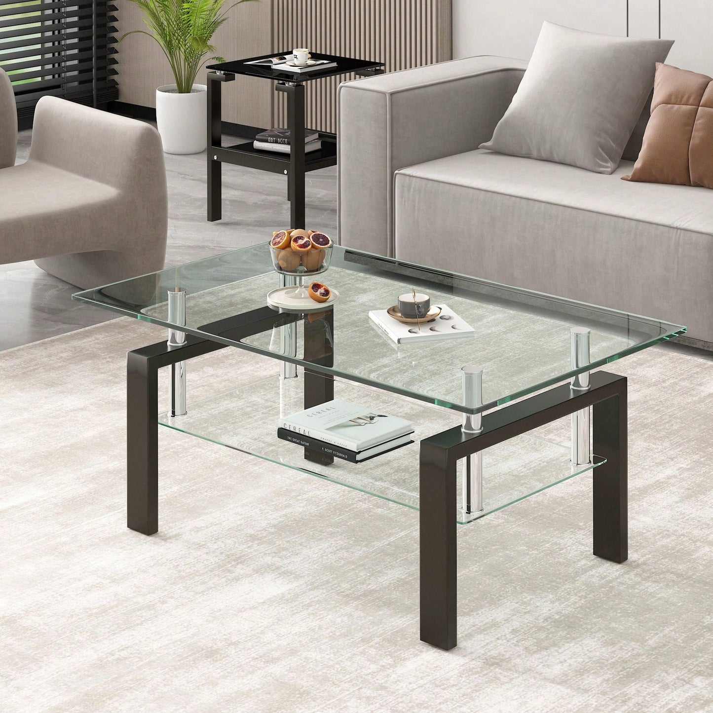 2-Layers Coffee Table Living Room Center Table, Tempered Clear Glass Coffee Table