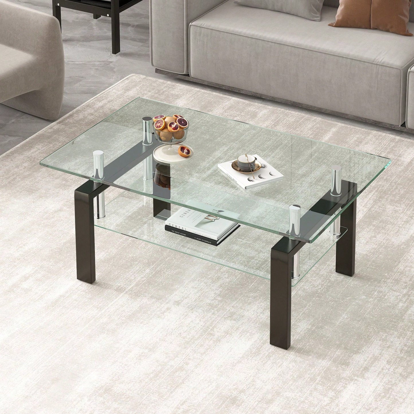2-Layers Coffee Table Living Room Center Table, Tempered Clear Glass Coffee Table
